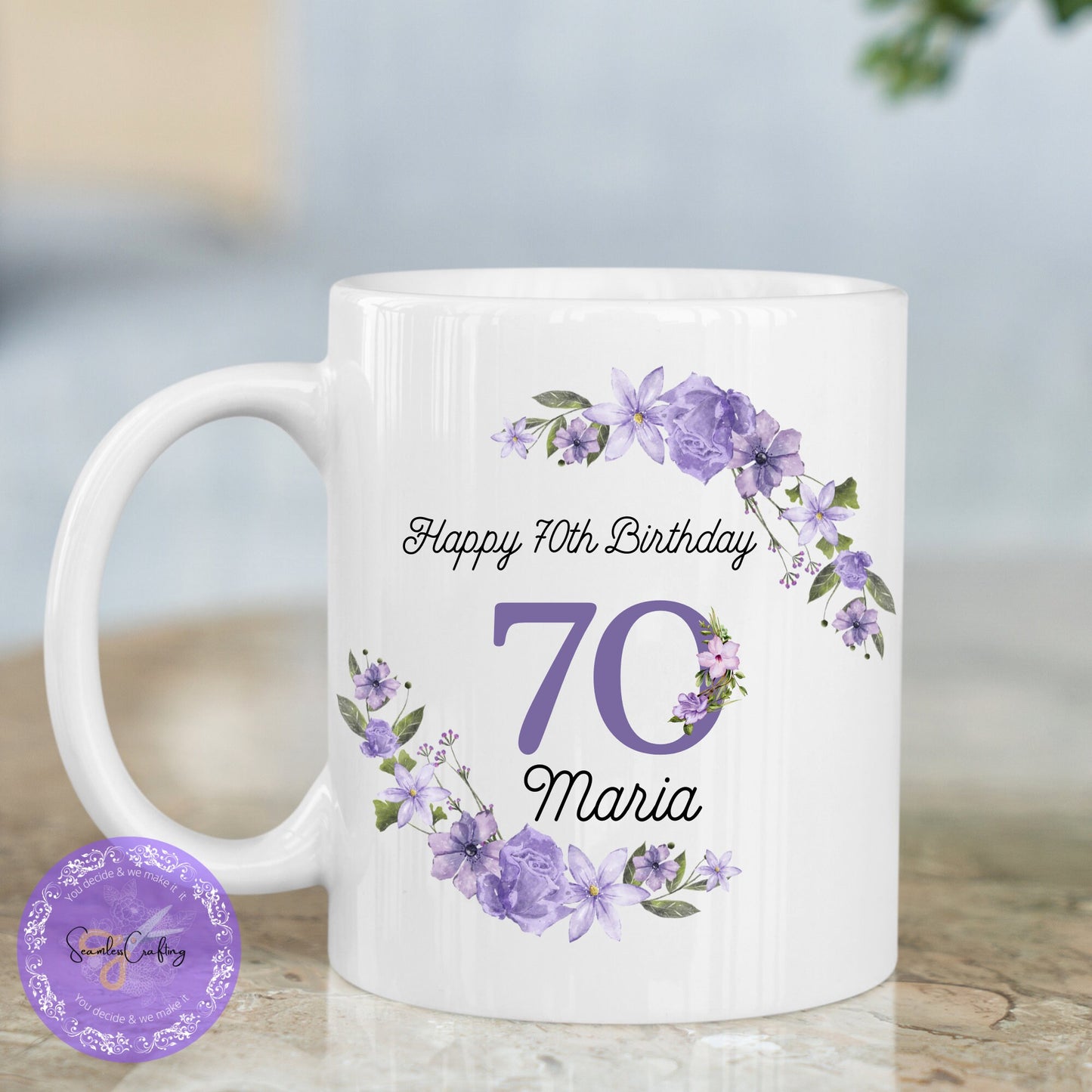 Personalised Milestone Birthday Hanging Acrylic ornament & Mug, Any age Purple flowers Plague, Gift For Her, 18th, 50th Birthday Keepsake