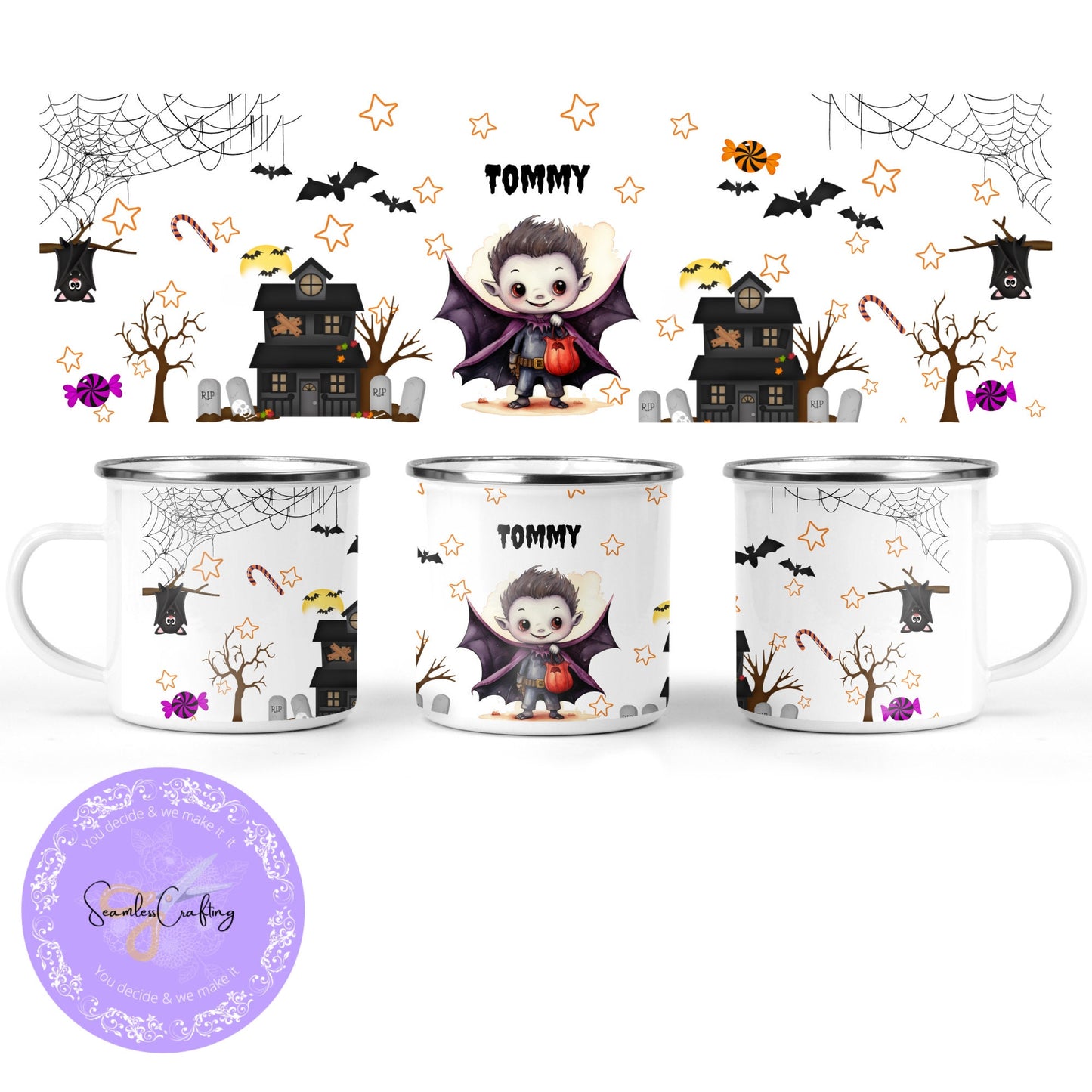 Personalied Halloween kids enamel mug, trick or treat cup, 12 0z unbreakable cup, Spooky kids, Party favour spooky kids, Dracula boy & Witch