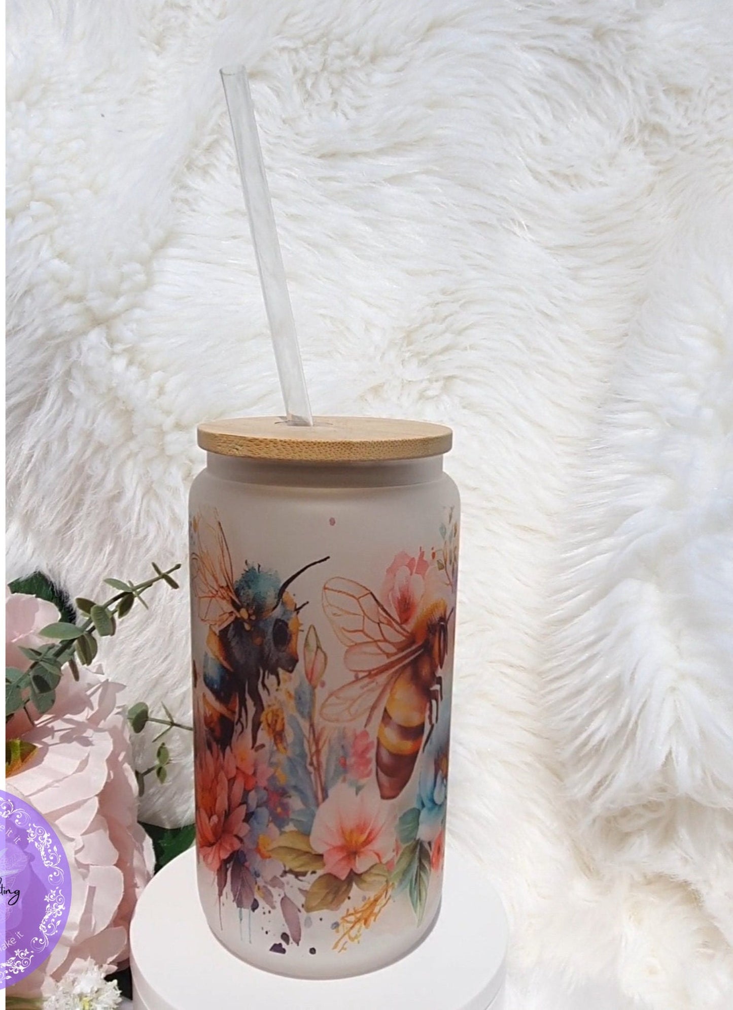 Personalised Glass Cup Floral Bee, Iced Coffee Glass Cup, Glass Beer Can Bambo Lid & Plastic Straw, Gift For Bee Lover, Gift For Her, Bride