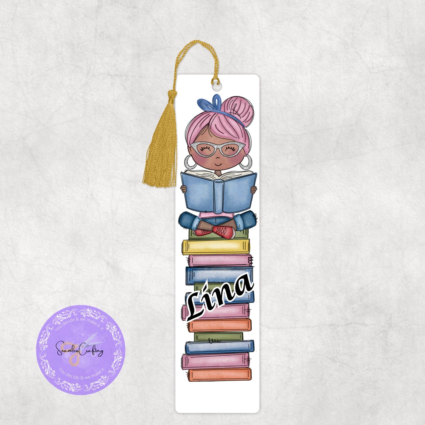 Personalised little Girl sitting on stack of books, add any name, Character page marker, gift for girl, choose hair colour & skin tone
