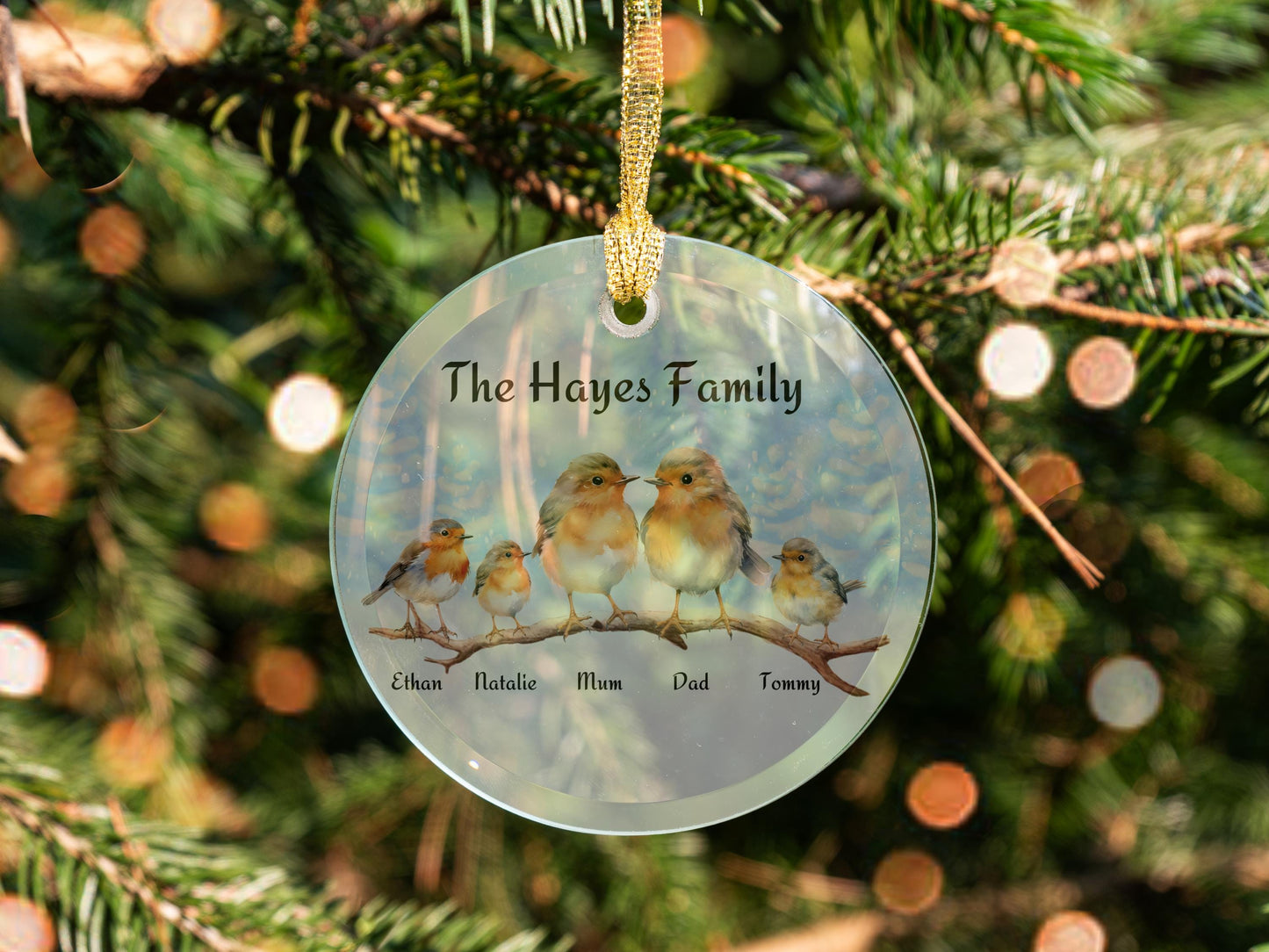 Personalised Robin family clear glass hanging ornament. Christmas gift, Tree decorations present, custom with names, Robin Illustration Deco