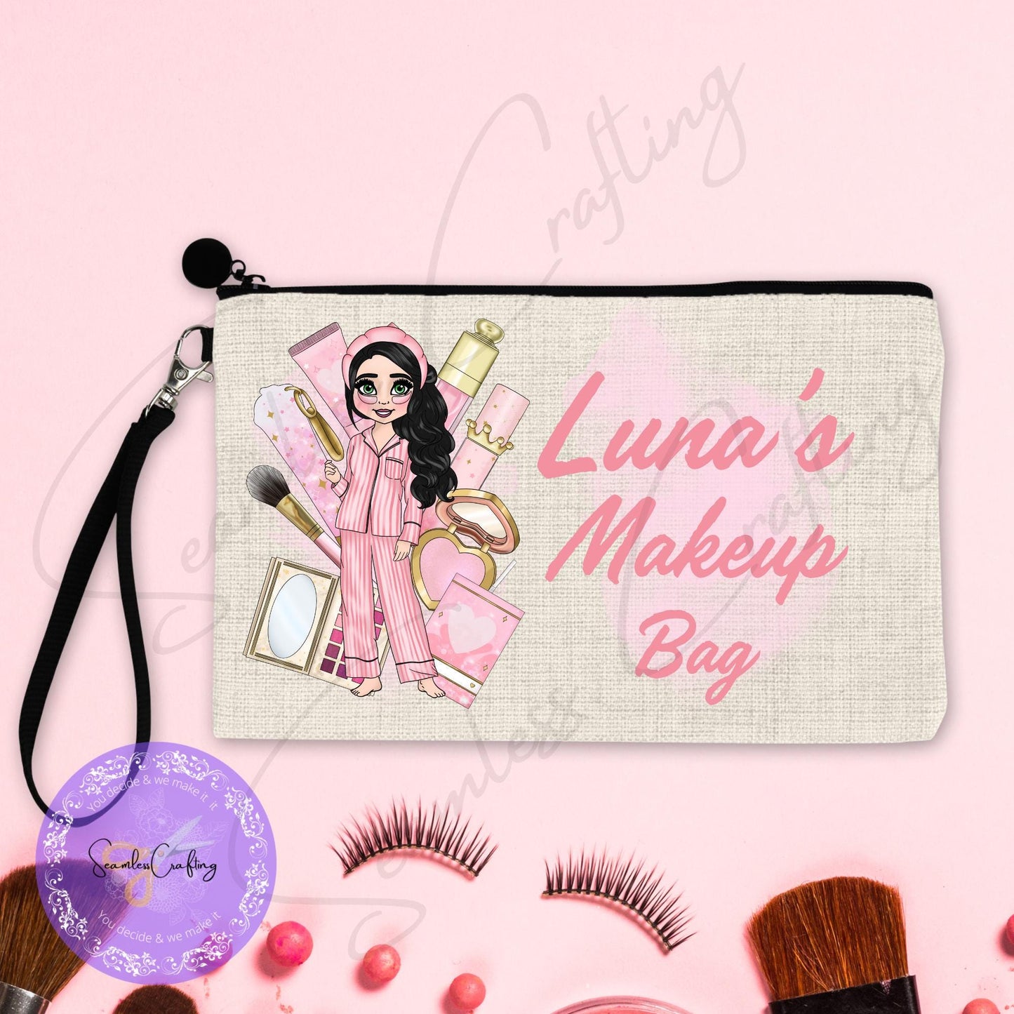 Personalised Makeup Character Girl Linen Pouch, Toiletry bag, Makeup brush holder, Brushes Storage, Custom Pink Doll, Birthday gift for her