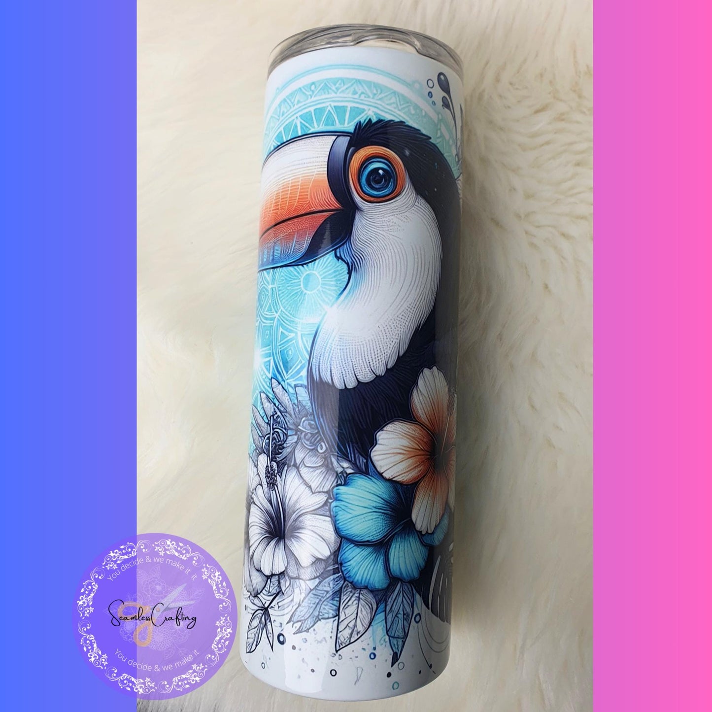 Personalised Floral Toucan 20 oz tumbler. Tropical bird lover gift, Stainless Steel Tumbler, Custom with any name, Birthday present