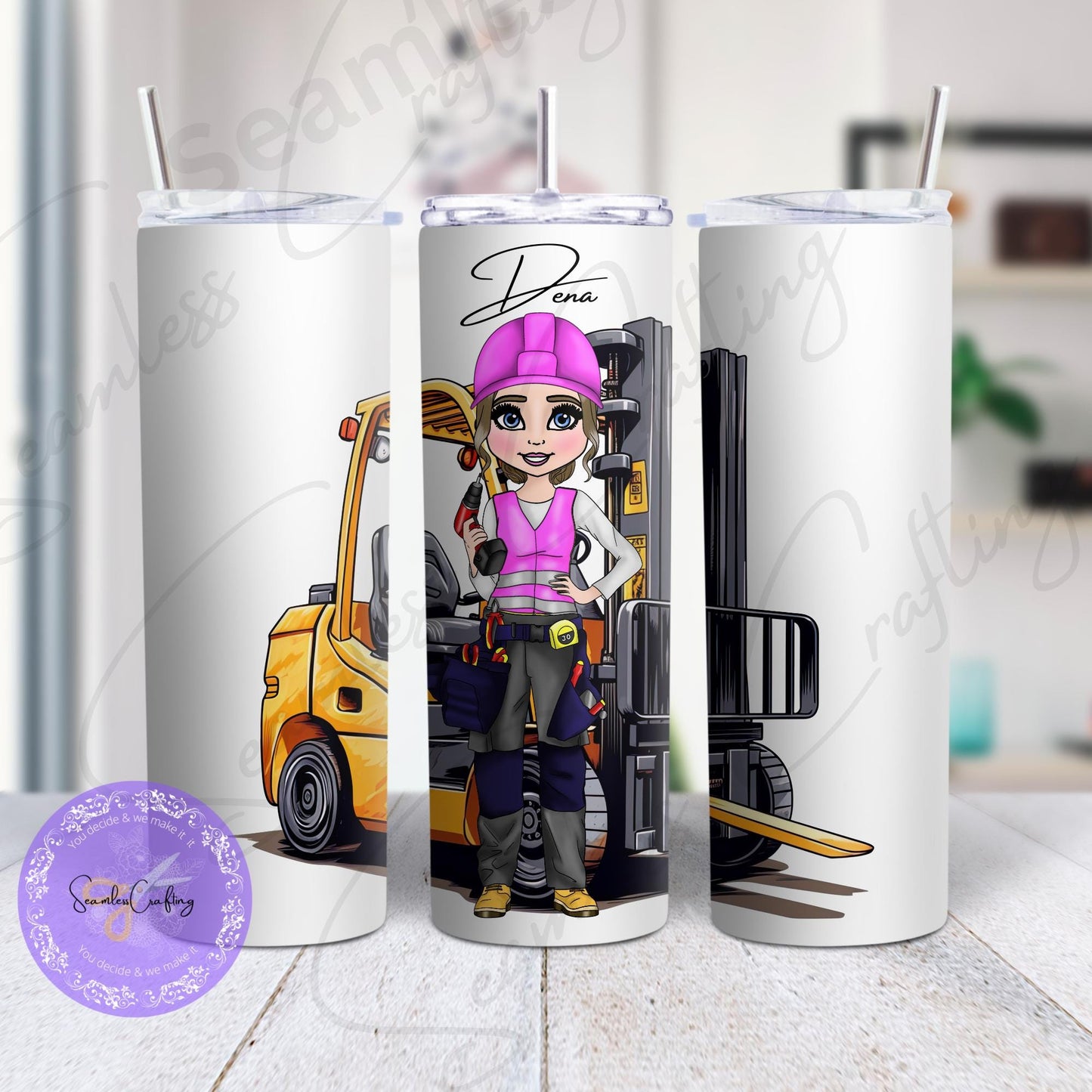 Personalised travel mug builder workwomen, Construction worker Engineer, Handylady contractor Builder, Workwoman joiner yellow pink vest mug