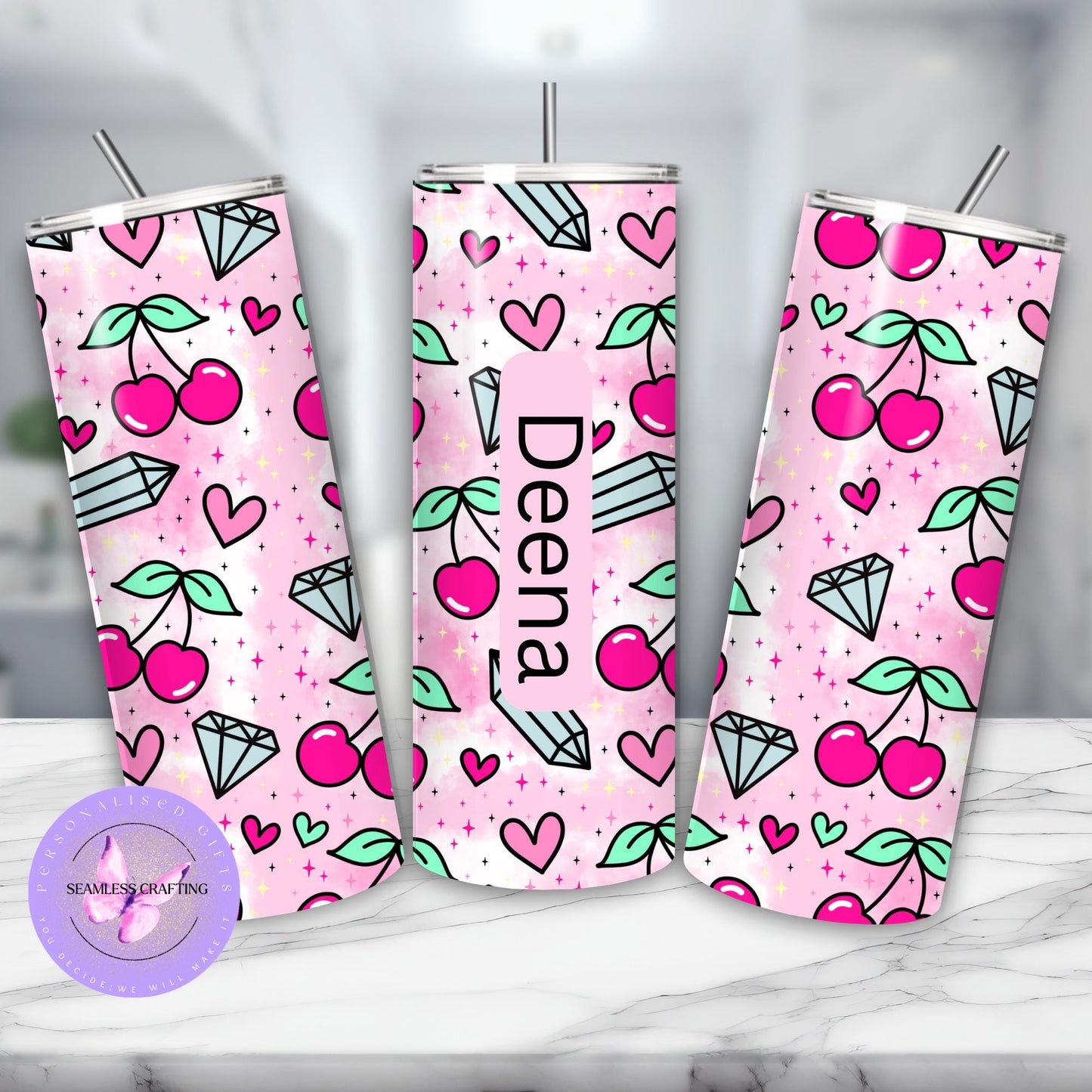 Custom-made cherry crystal tumbler, mug, reusable 20 oz,15 oz tumbler, matching mum-daughter present, cherry, crystal lover set
