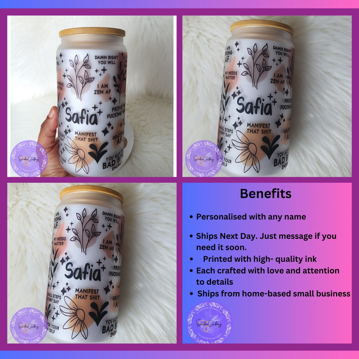 Personalised Sweary Daily Reminders Glass mug Cup, Mental Health Awareness, Positive affirmation self-love beer can Vulgar addition