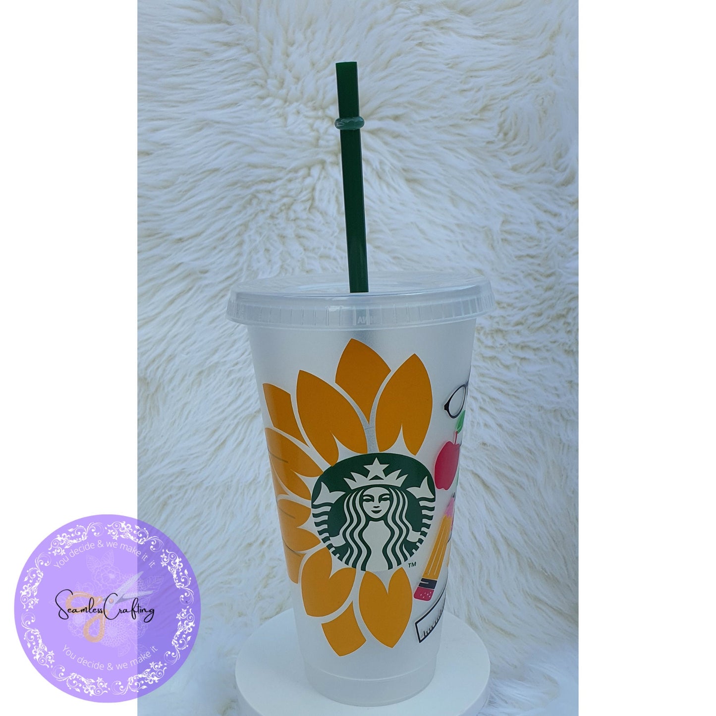 Personalised Starbucks Sunflower Cup, Teacher Pencil Apple Cup, Large Cold Cup 24 0z Cup size, Starbuck Cup with name, Reusable Gift Cup