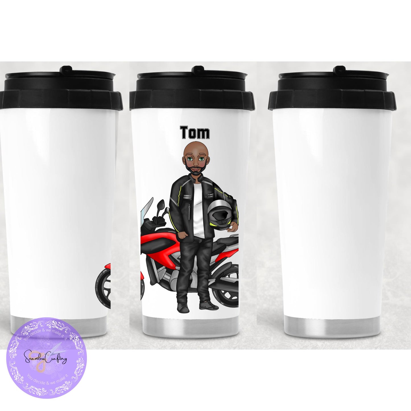 Personalised motorbike male characters mug travel mug, biker cup, Custom build character, add any name, Gift for him motorcycle rider gifts