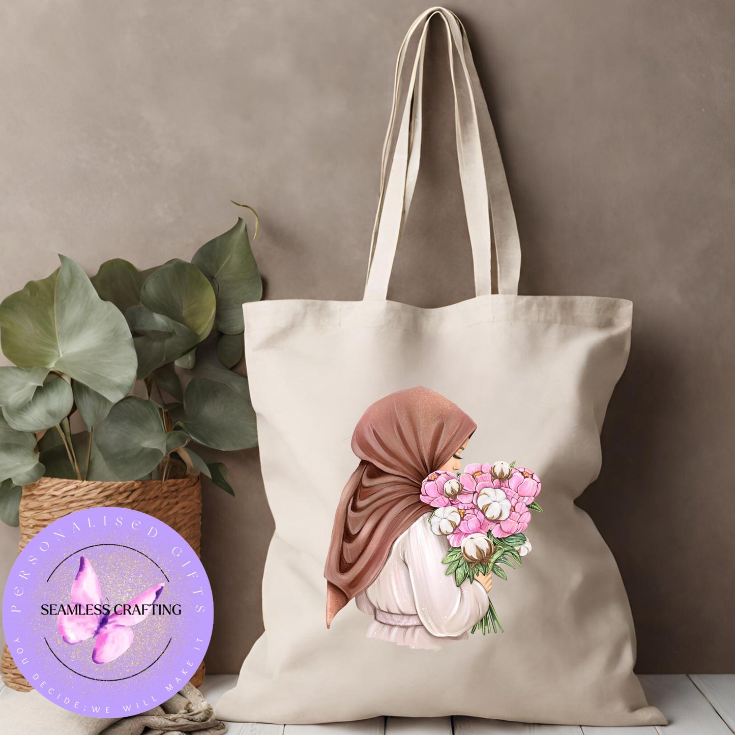 Personalised Eid Gift, Muslim Woman hijab tote, Name in Arabic, Hijabi shopping tote bag Gift For Her, Islamic Name tote, flower hijab woman