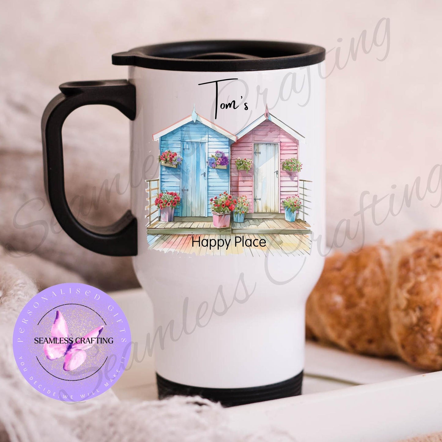 Personalised Beach Hut Gifts, Linen canvas Beach hut Cushion, Summer hut travel mug, ceramic cup, Nautical present, gift for her,him