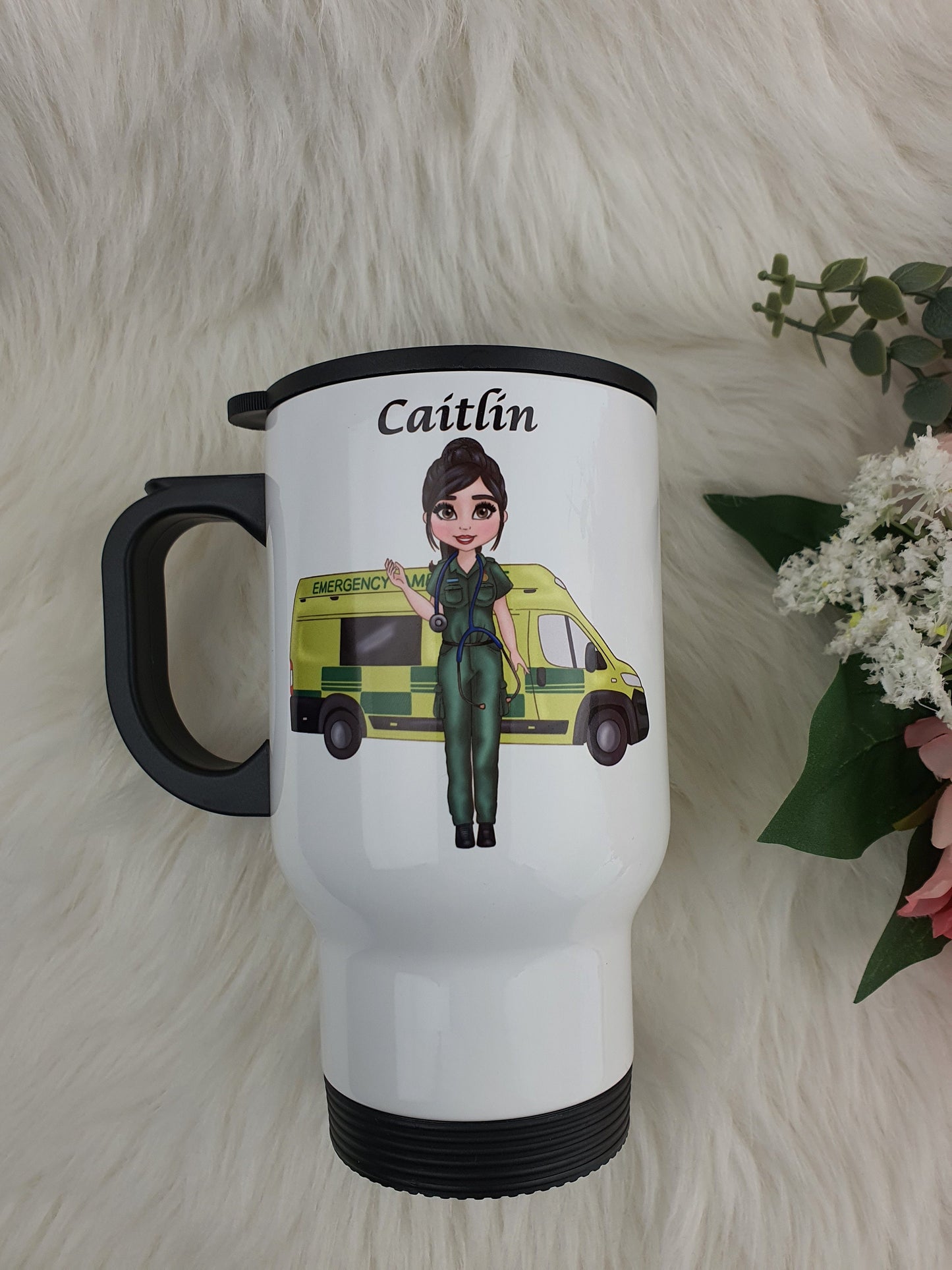 Personalised Paramedic Character Travel mug gift, First Responder, Gift for her, Stainless Steel Thermos, Paramedic Lady Technician uniform