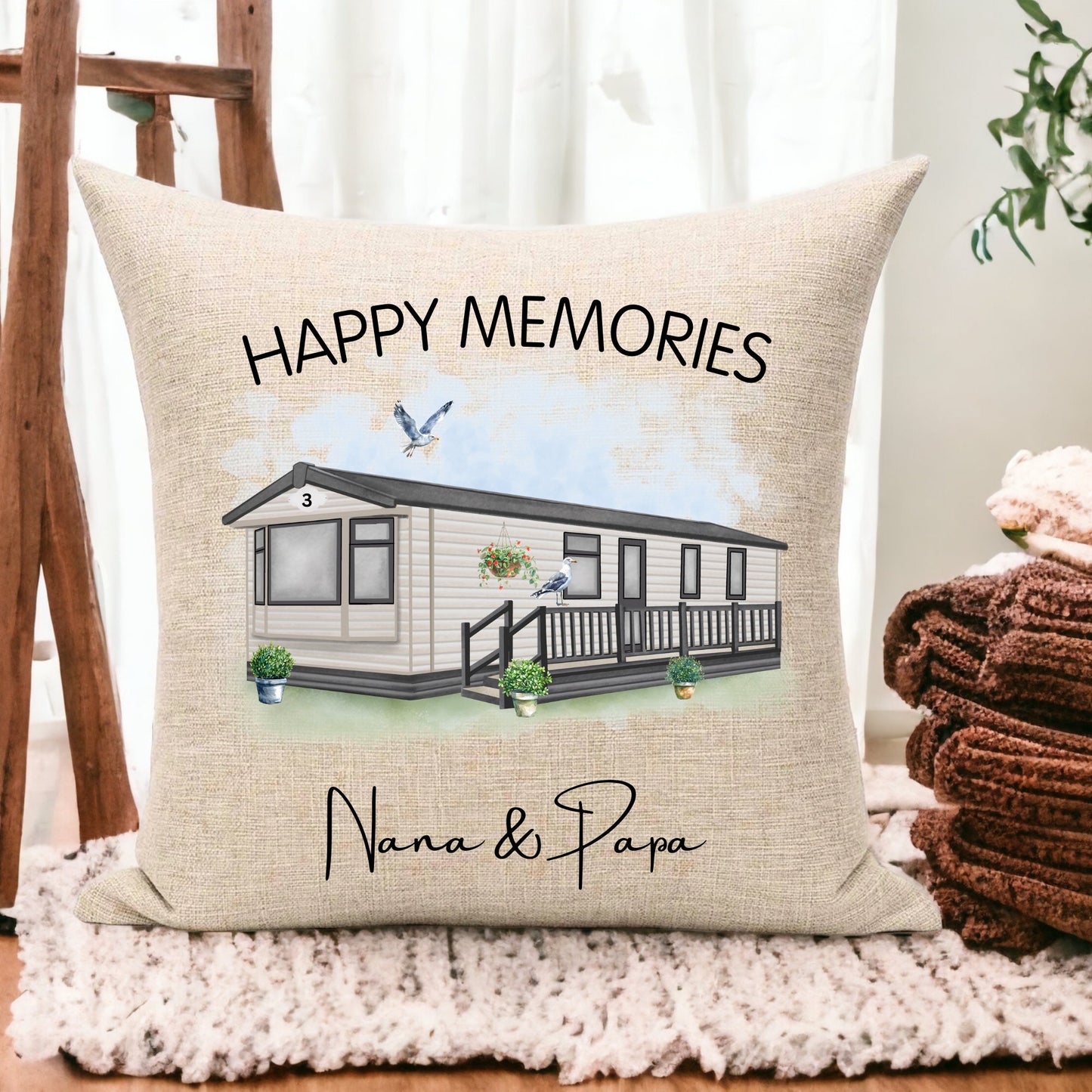 Personalised Static Caravan Linen Cushion gift, Custom any text & names, Campervan holiday gift, Static owners presents, New home decor