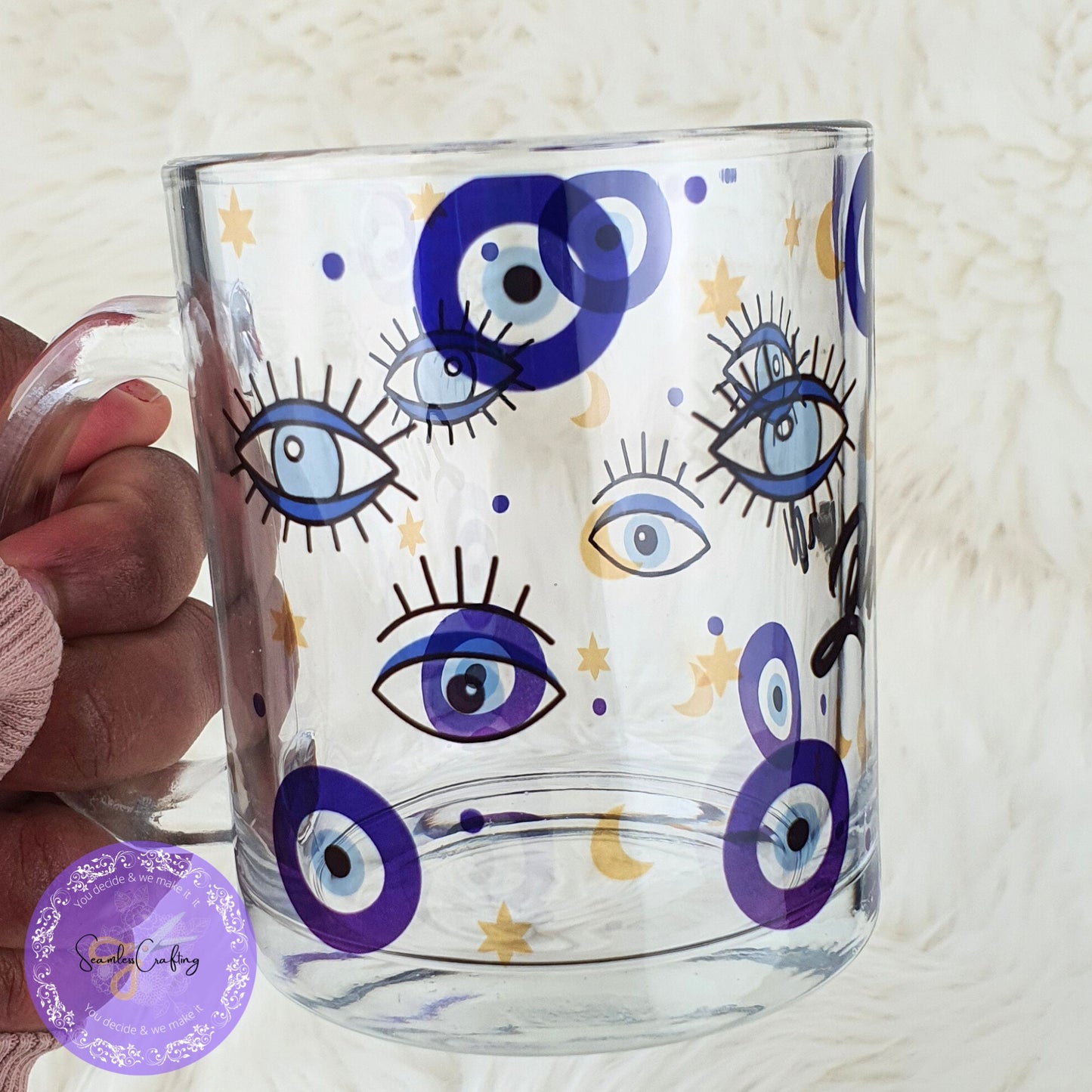 Personalised All-Seeing Eye Cup. Turkish Eye Protection, Spiritual Glass Cup Gift, Clear Glass mug Evil Eye Style, Nazar, Hot drinks