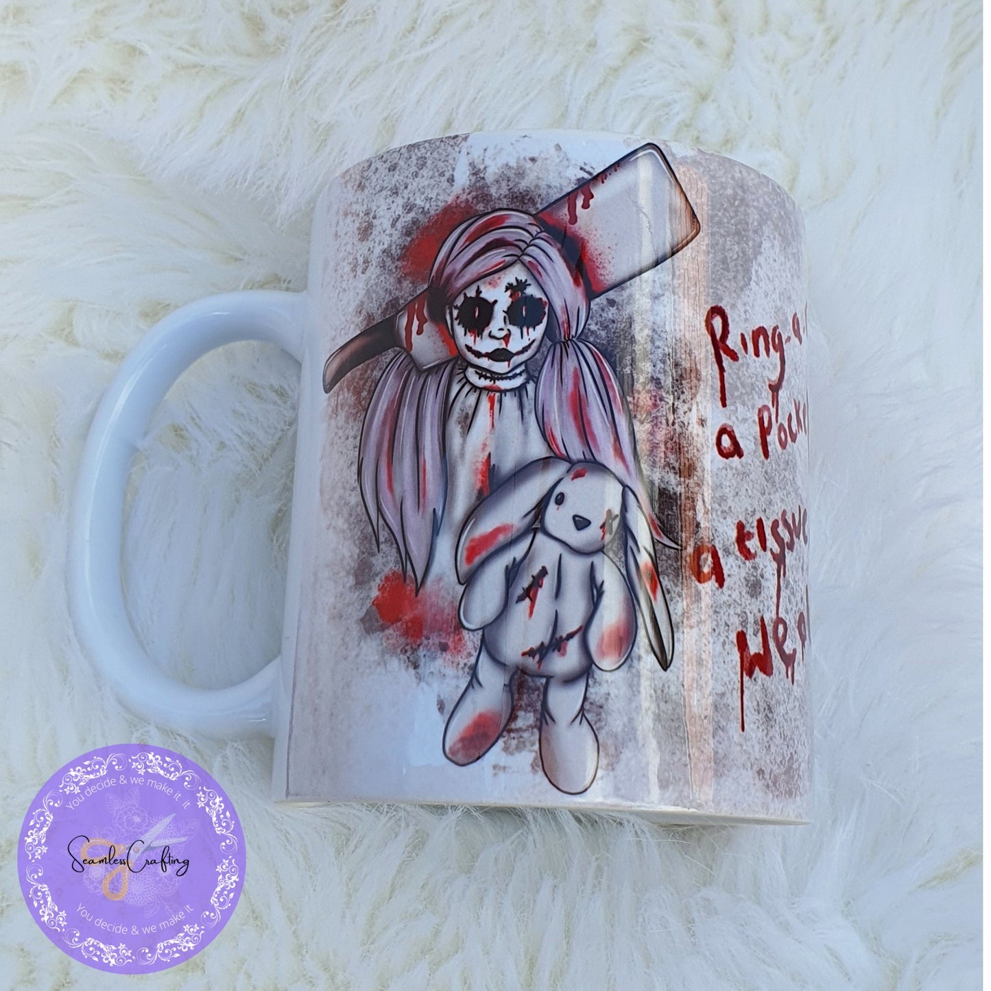 Creepy Haunted Doll Movie Themed Mug, Ring a Roses Scary Voodoo Doll Mug, Creepy Stuffed Rabbit, Evil Doll Halloween Axe Head, Bloody Rabbit