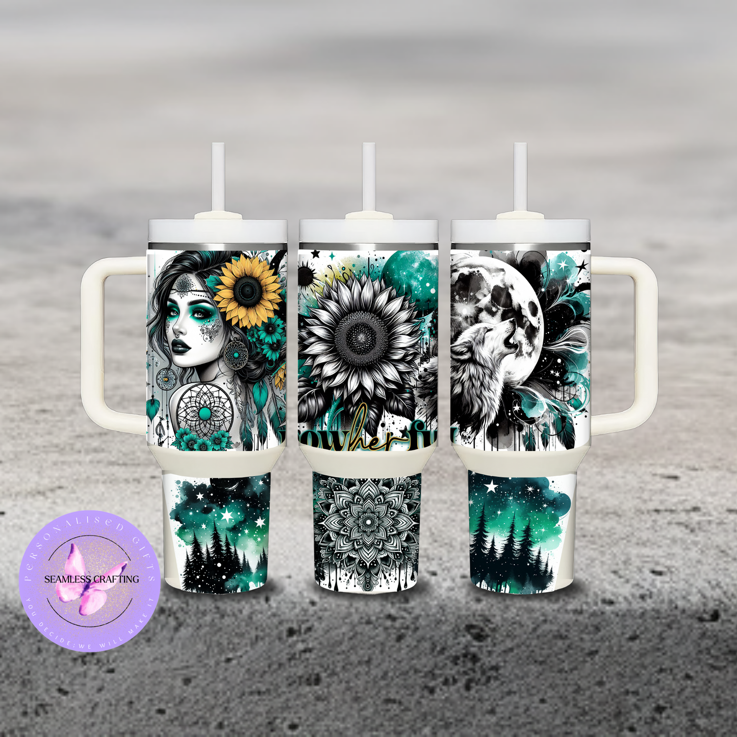 Personalised 40oz Travel Tumbler with Handle – Mandala Forest Night Sky Design