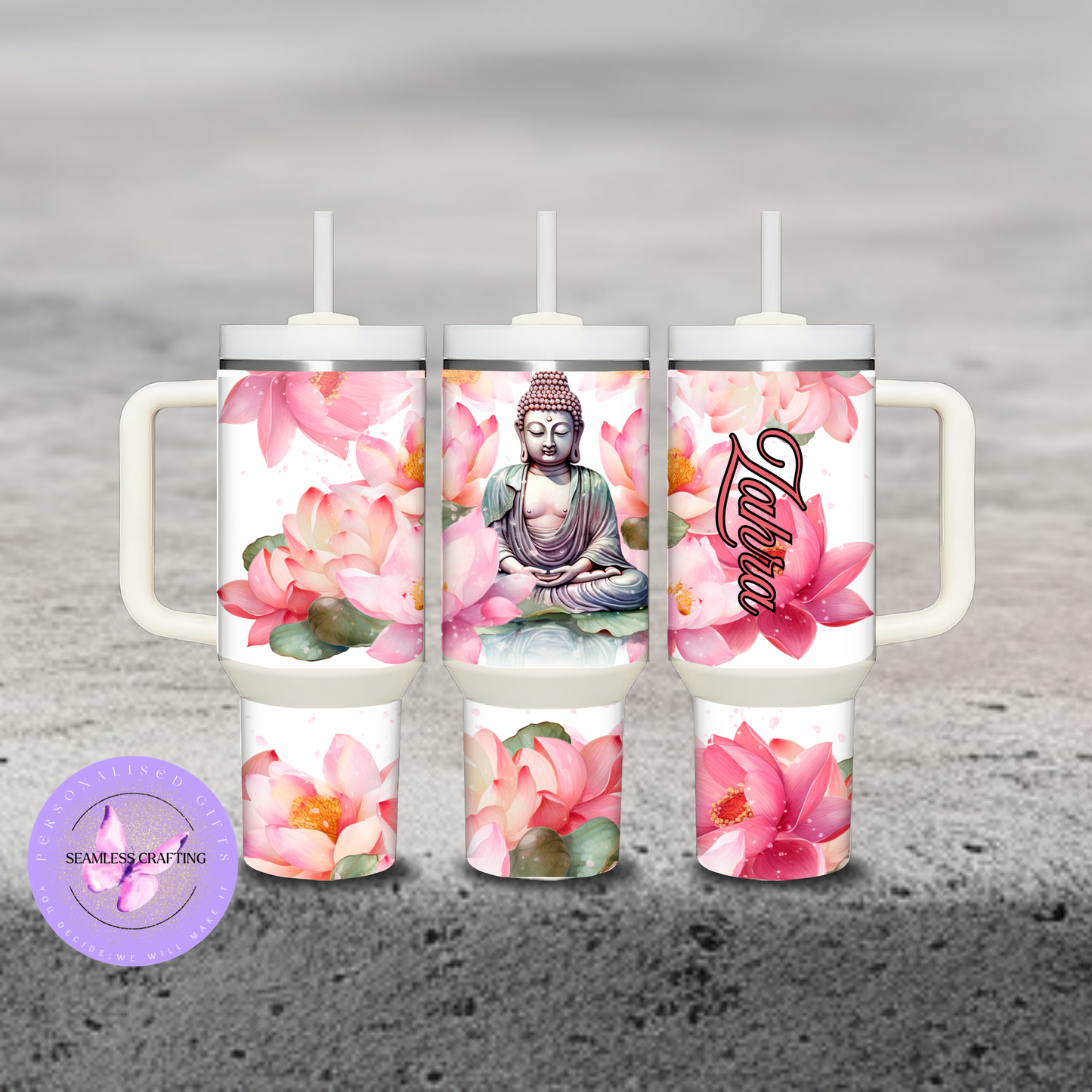 Personalised 40oz Travel Tumbler with Handle – Buddha & Pink Lotus Flower Design