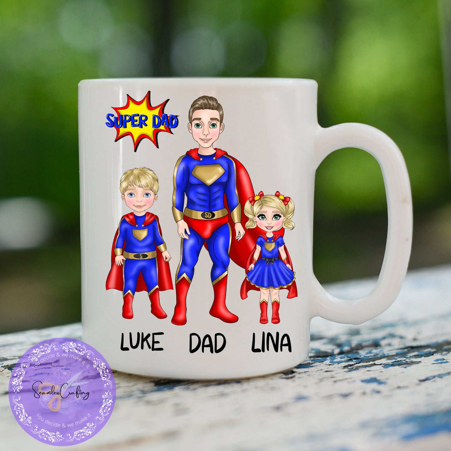 Personalised Superhero Dad Character and kids, Father's Day Gift, Father & Kids Mug, Best Dad Gift Superhero, Father's Day Gift from kids