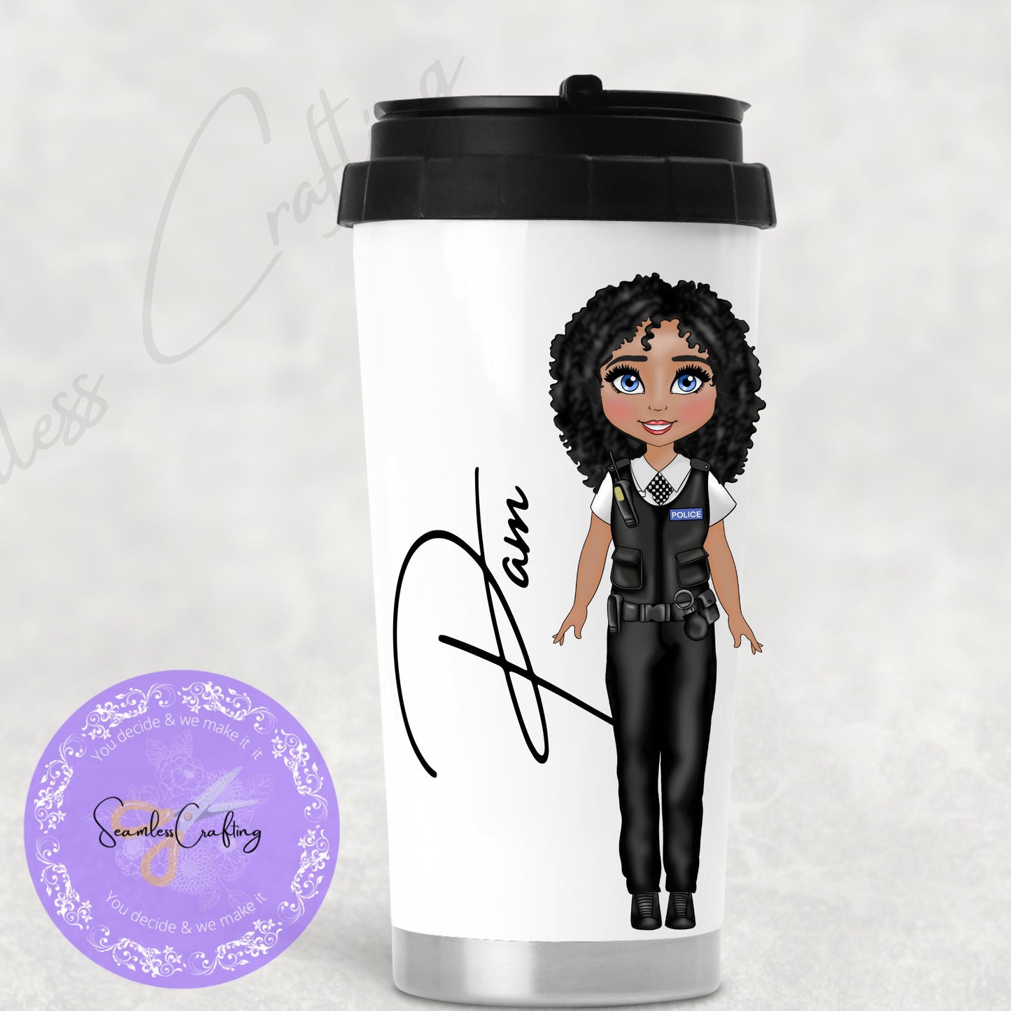Personalised Female police officer travel mug, Police Lady gifts, New PCSO, Copper coffee cup, Build your character, Travel Thermos mug