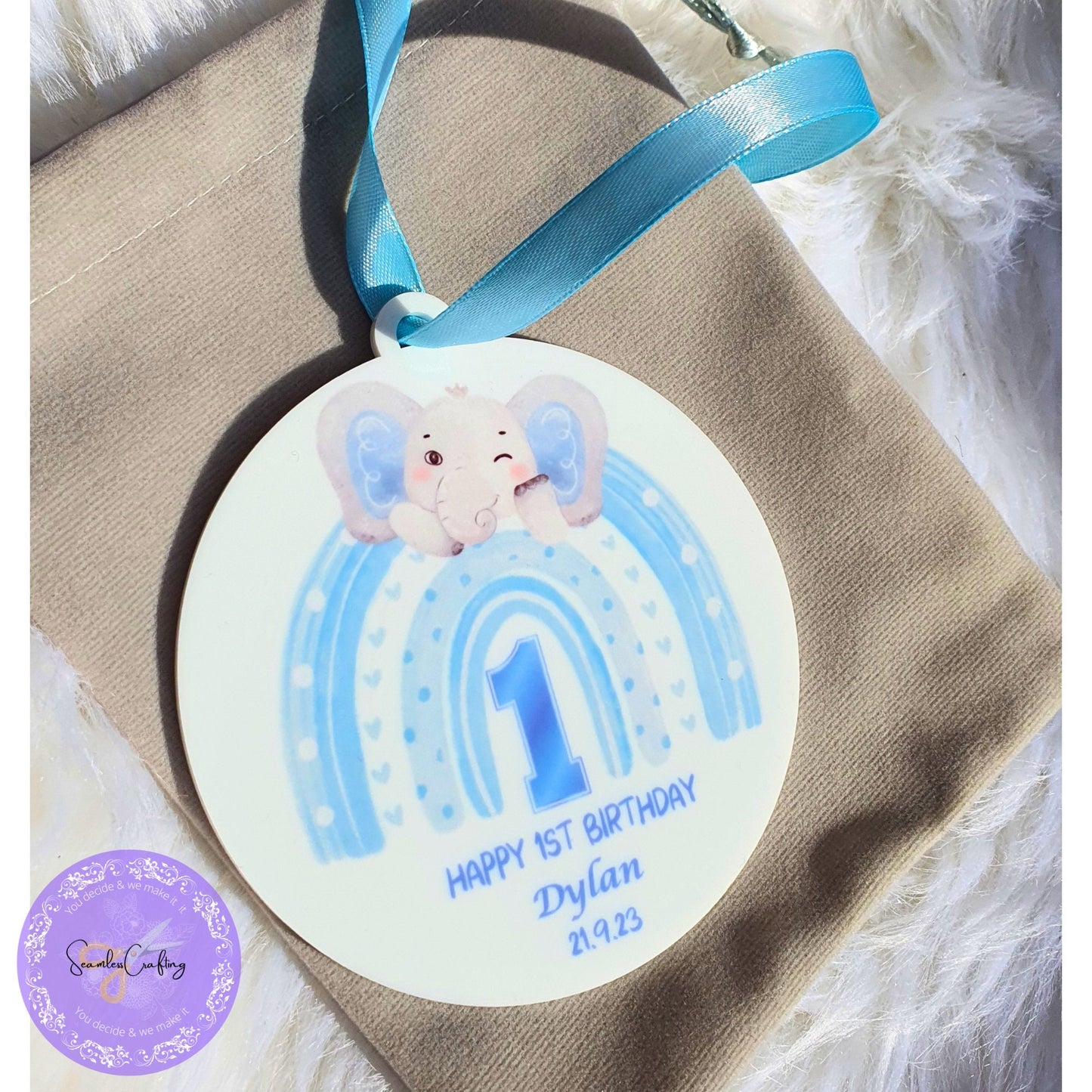 Personalised 1st Birthday plaque, Cute elephant birthday ornament, Keepsake plaque for boy or girl, Acrylic birthday ornament gift with bag