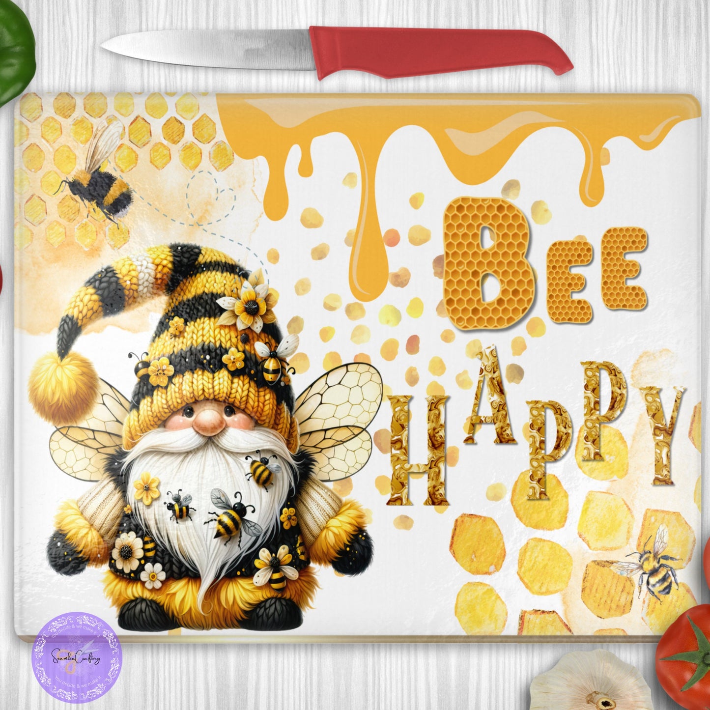 Personalised Glass Gnome chopping board, Cooking lover gift, Tampered Glass, Baker, Chef cooking Aid, Birthday Gift, Bee happy Motivational