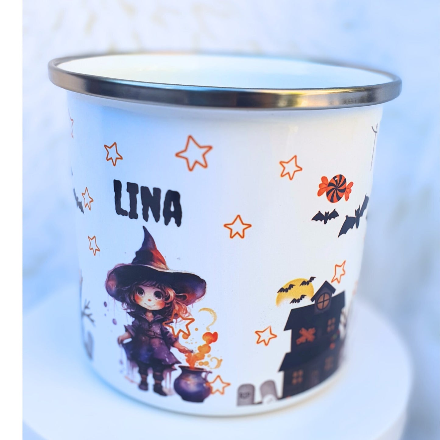 Personalied Halloween kids enamel mug, trick or treat cup, 12 0z unbreakable cup, Spooky kids, Party favour spooky kids, Dracula boy & Witch