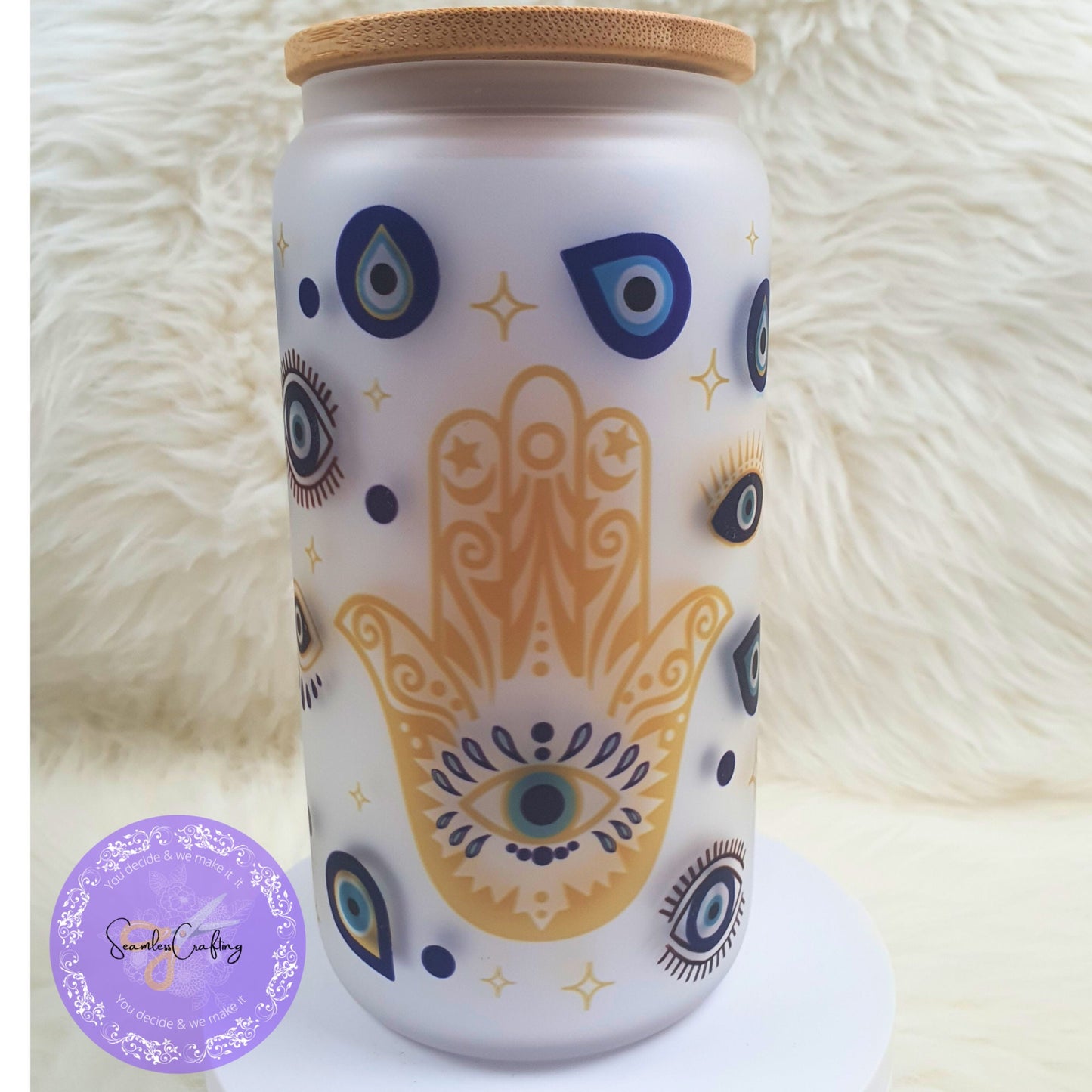 Personalised All-Seeing Eye Cup. Turkish Eye Protection, Spiritual Glass Cup Gift, Beer Can Glass Evil Eye Style, Bambo Lid with Straw