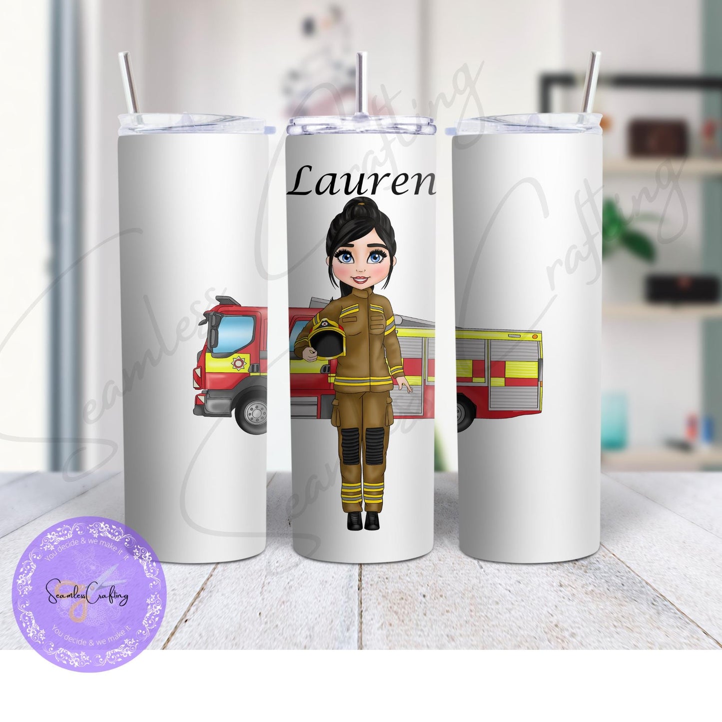 Personalised Female Fire Fighter character gift mug, Firewoman travel mug, Insulated Stainless Steel Cup, Gift for her, Rescue Services