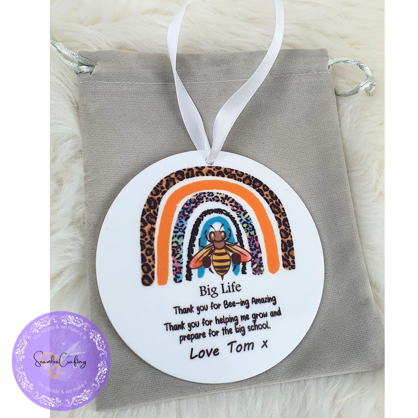 Peronalised Bee Rainbow Nursery teacher, practitioner hanging keepsake plaque, Thank you keepsake gift, childminders ornament gift