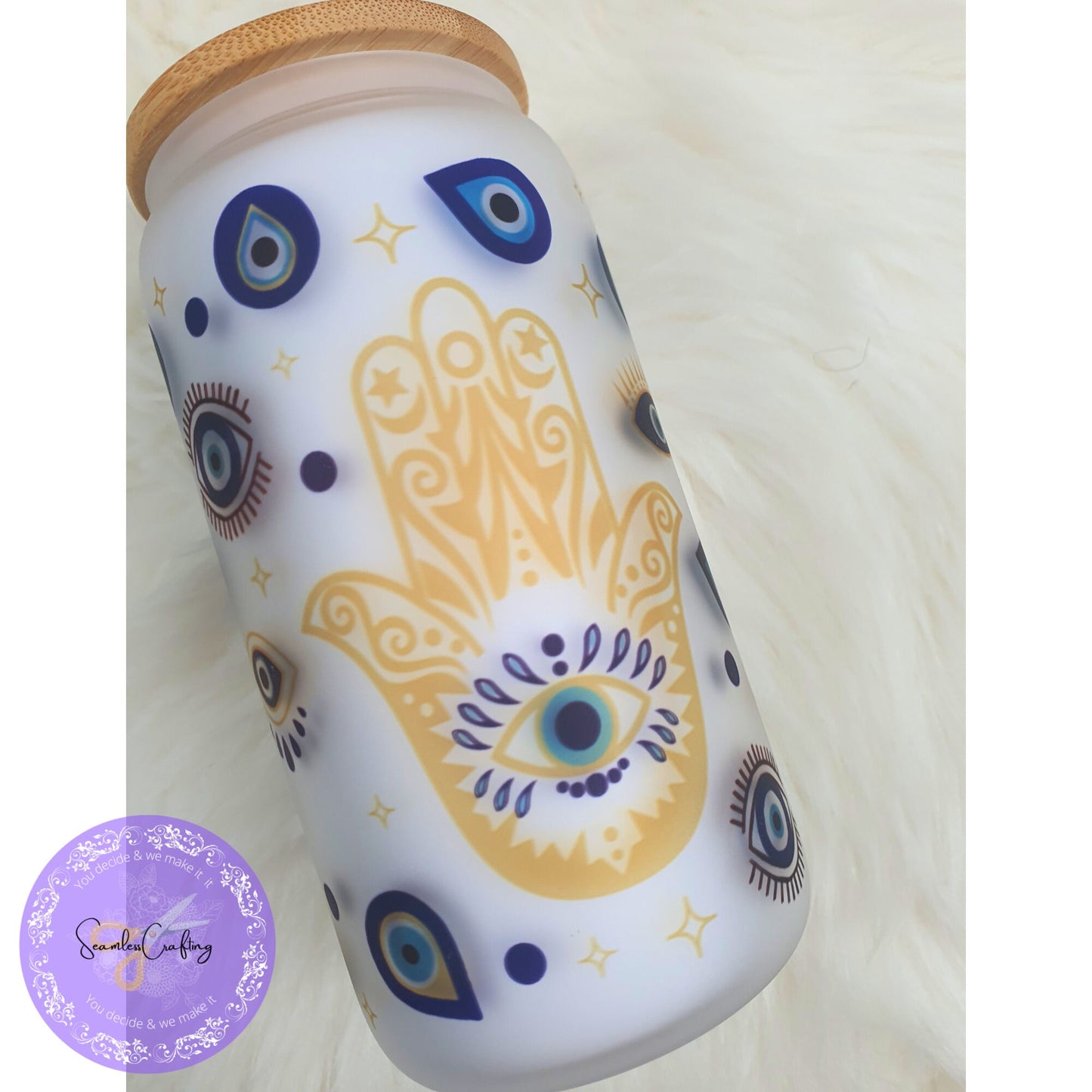 Personalised All-Seeing Eye Cup. Turkish Eye Protection, Spiritual Glass Cup Gift, Beer Can Glass Evil Eye Style, Bambo Lid with Straw