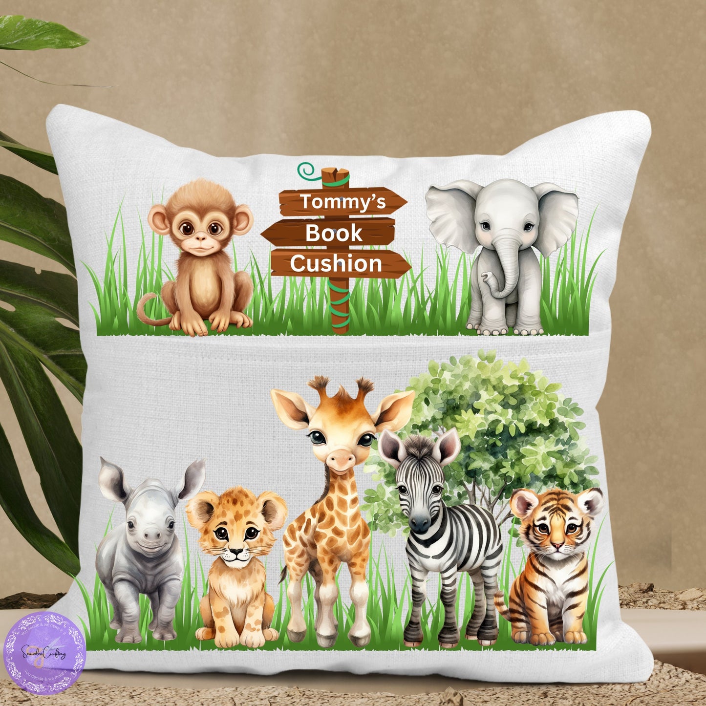Personalised Safari Jungle Book Cushion, Animal Zoo Pillow, Pocketbook cushion Lion, Wild Animals book holder Gift, Zebra, Monkey, Elephant