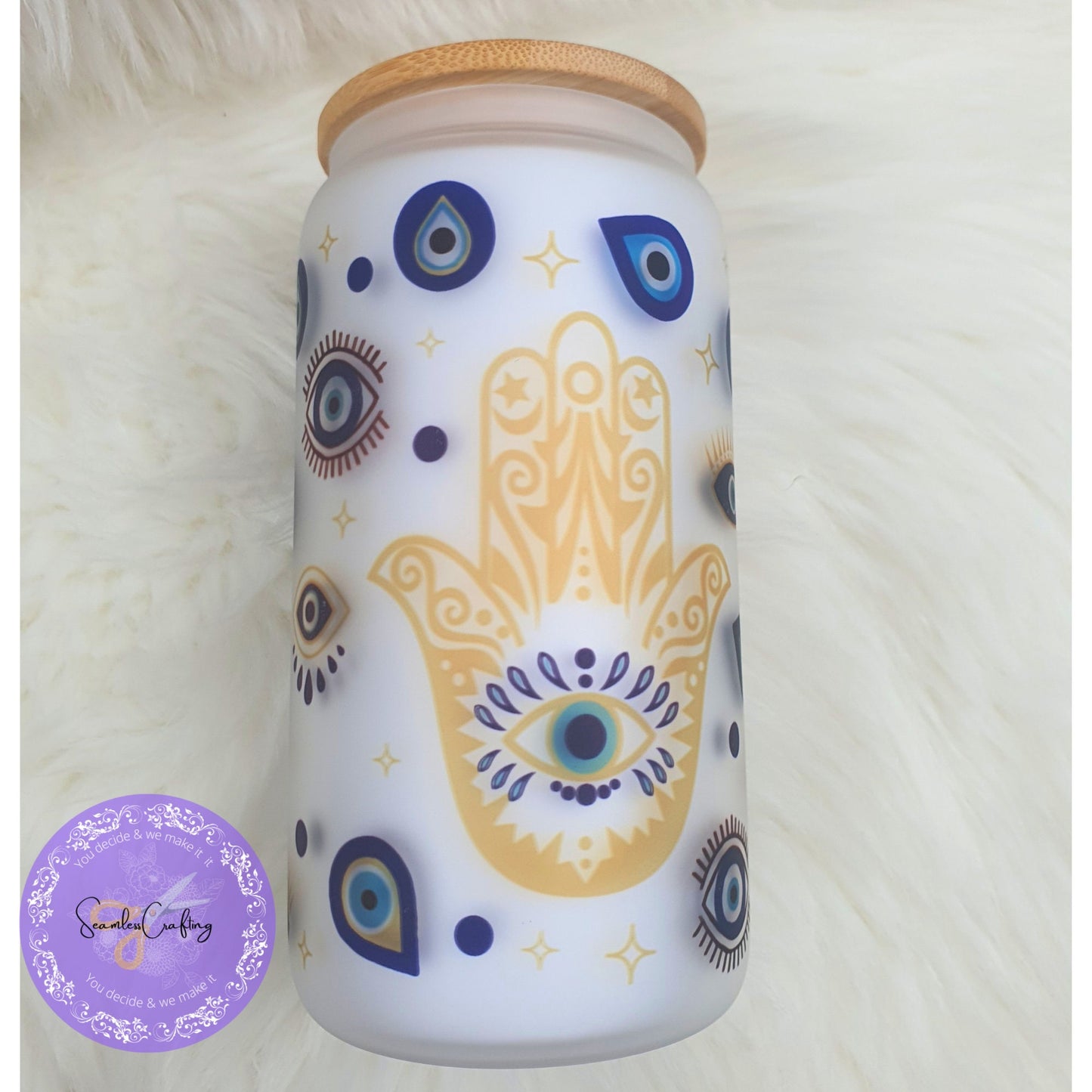 Personalised All-Seeing Eye Cup. Turkish Eye Protection, Spiritual Glass Cup Gift, Beer Can Glass Evil Eye Style, Bambo Lid with Straw