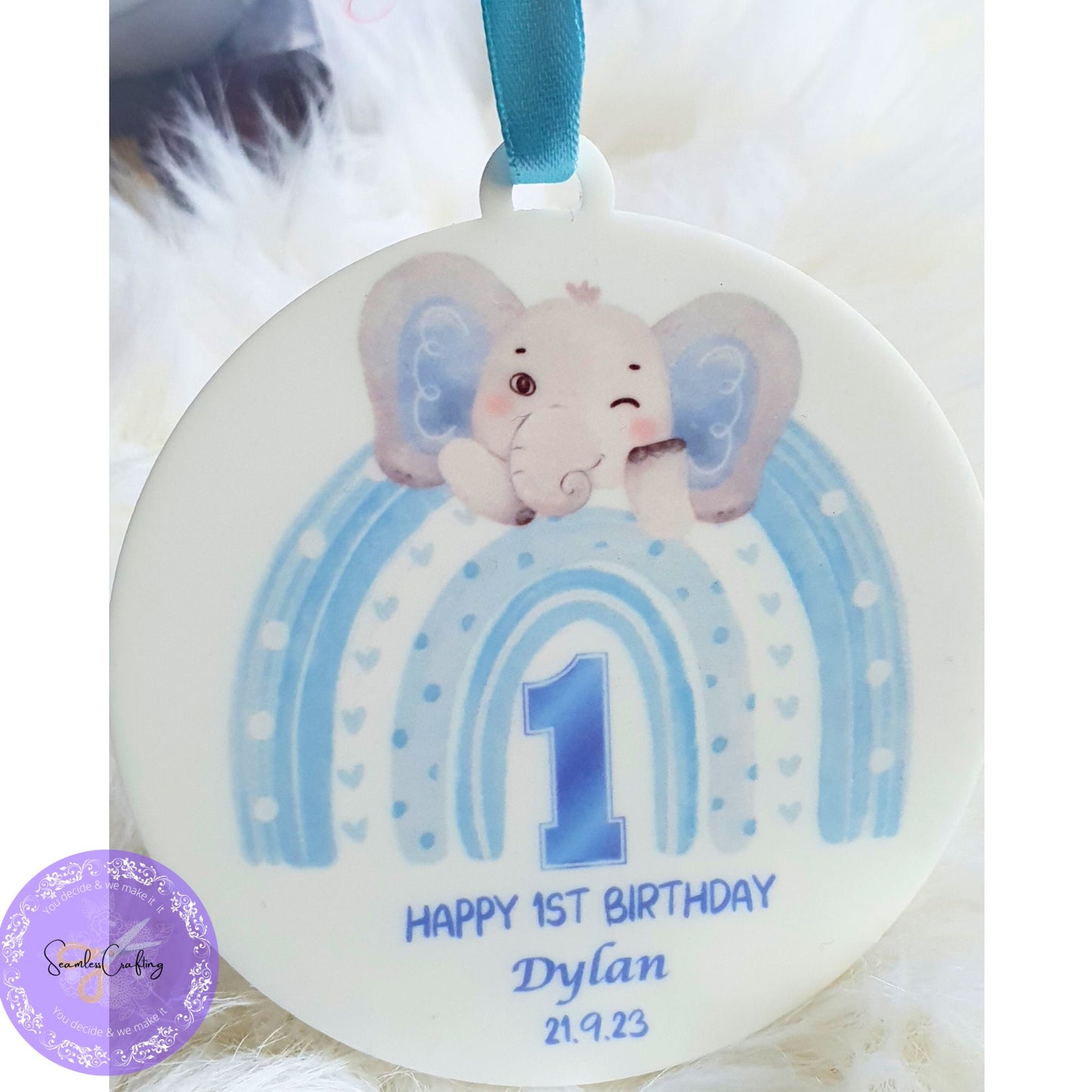 Personalised 1st Birthday plaque, Cute elephant birthday ornament, Keepsake plaque for boy or girl, Acrylic birthday ornament gift with bag