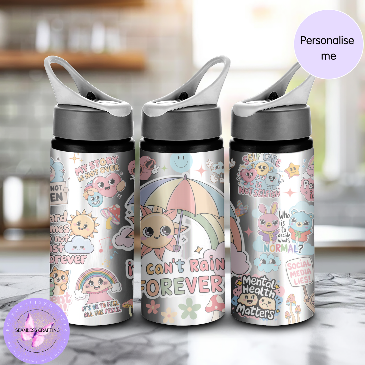 Personalised Kids Mental Health Positive Affirmation Water Bottle 600ml Aluminium BPA-Free with Straw