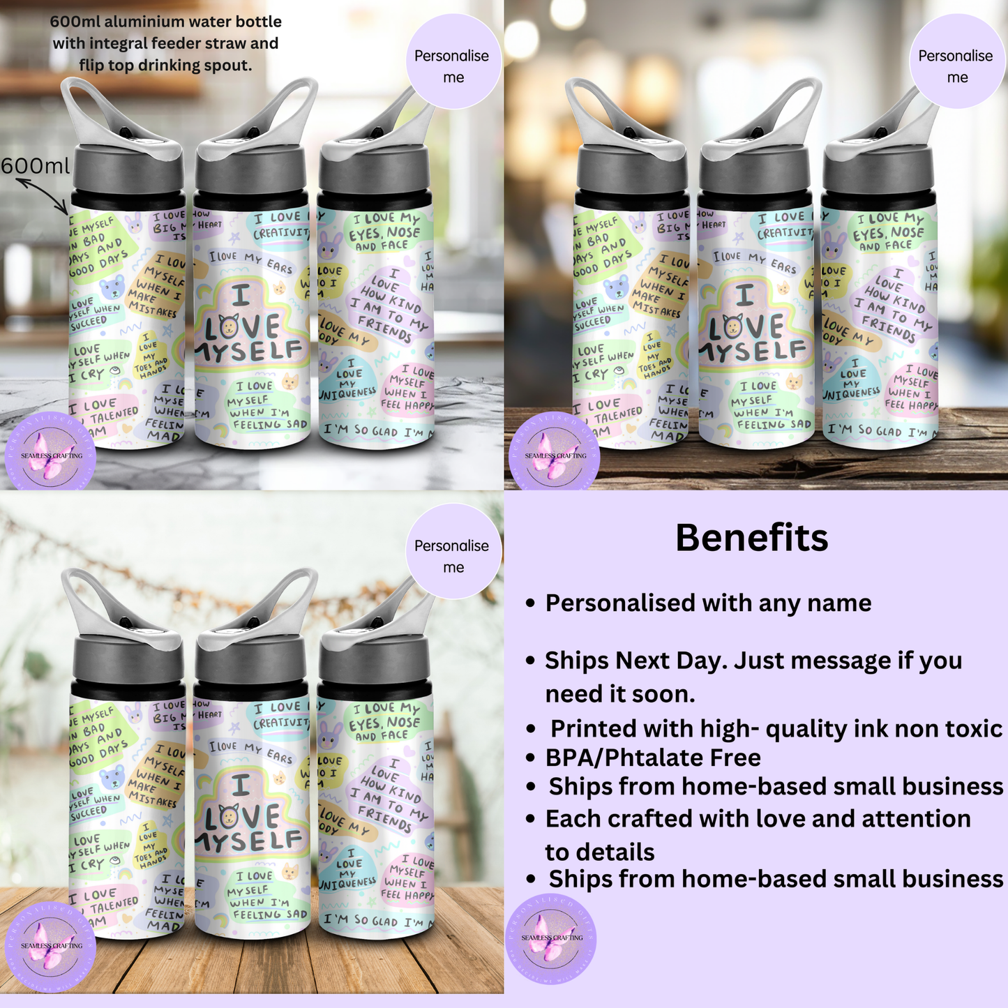 Personalised Kids Self Love Affirmation Water Bottle 600ml Aluminium BPA-Free with Straw