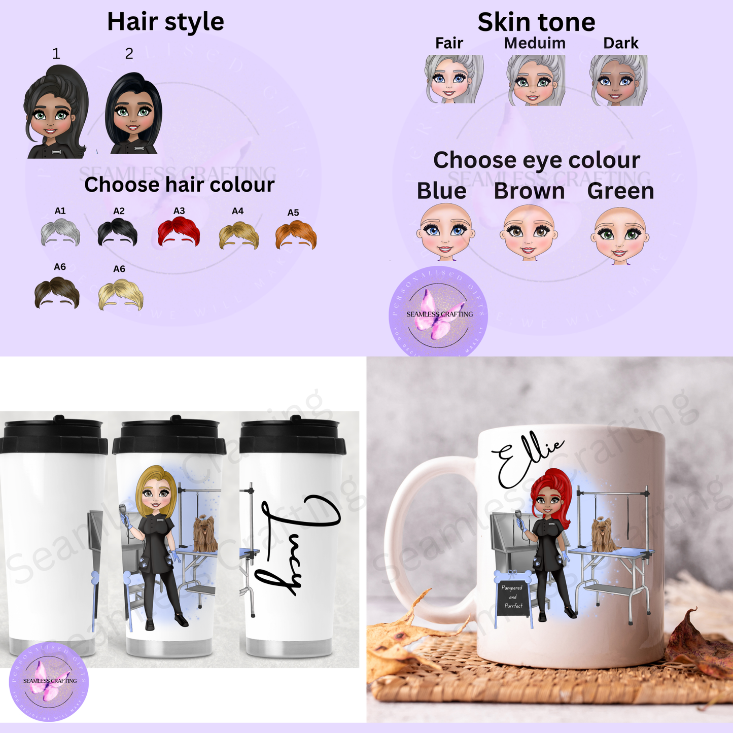 Personalised Dog Groomer Mug or Tumbler – Custom Character Cup with Hair, Skin & Eye Options | Grooming Gift for Dog Lovers UK