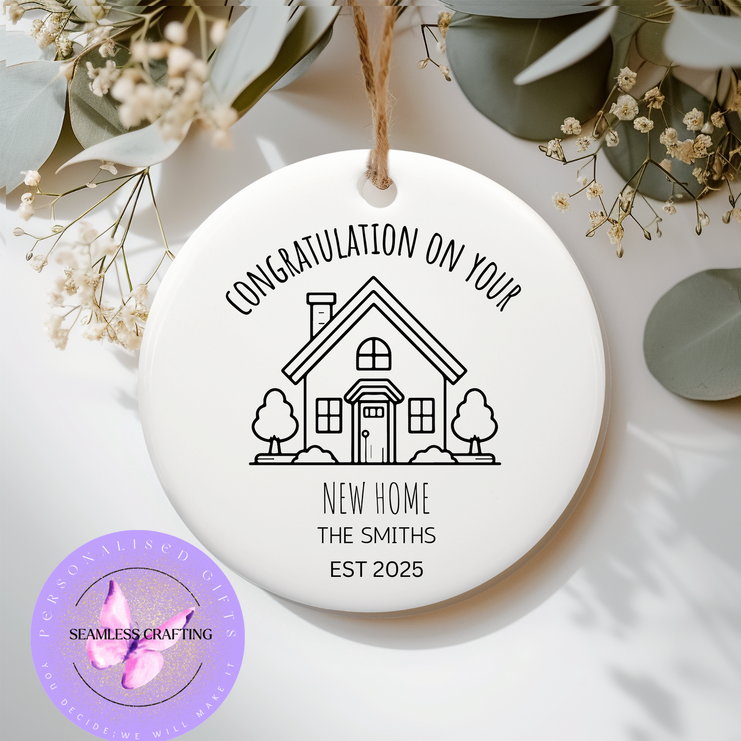 Personalised New Home Ornament – Custom Ceramic Housewarming Gift with Names & Year – First Home Keepsake Decoration