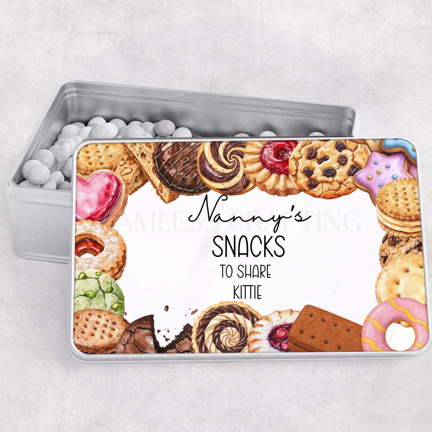 custom name snack tin box for family biscuit lover gift