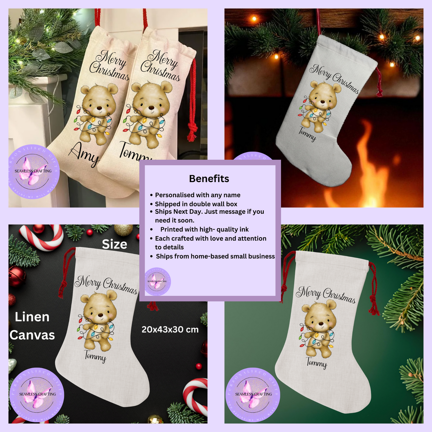 Personalised Christmas Stocking – Cute Teddy Bear Tangled with Christmas Lights – Custom Name Linen Canvas – Holiday Gift for Kids & Family