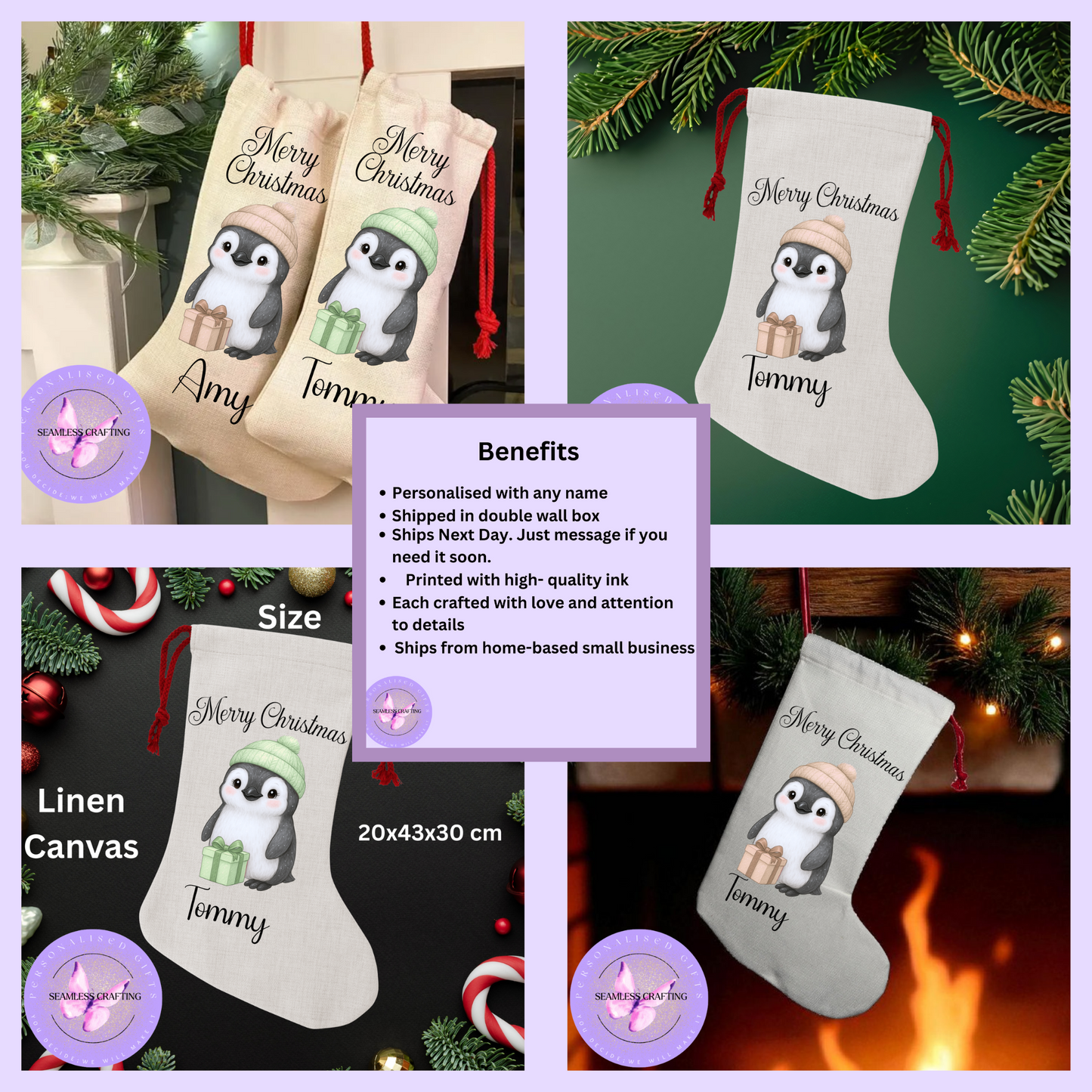 Personalised Christmas Stocking with Penguin Design – Custom Name Linen Canvas Sack – Green or Gold Penguin Xmas Gift Bag – Cute Holiday Fireplace Decoration