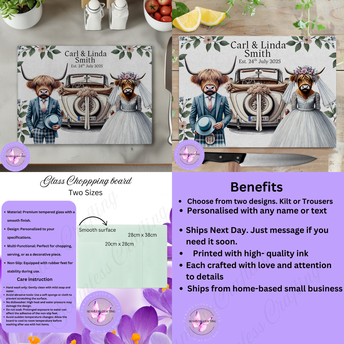 Personalised Highland Cow Wedding Glass Chopping Board – Bride & Groom, Kilt or Trousers Design, Wedding Gift