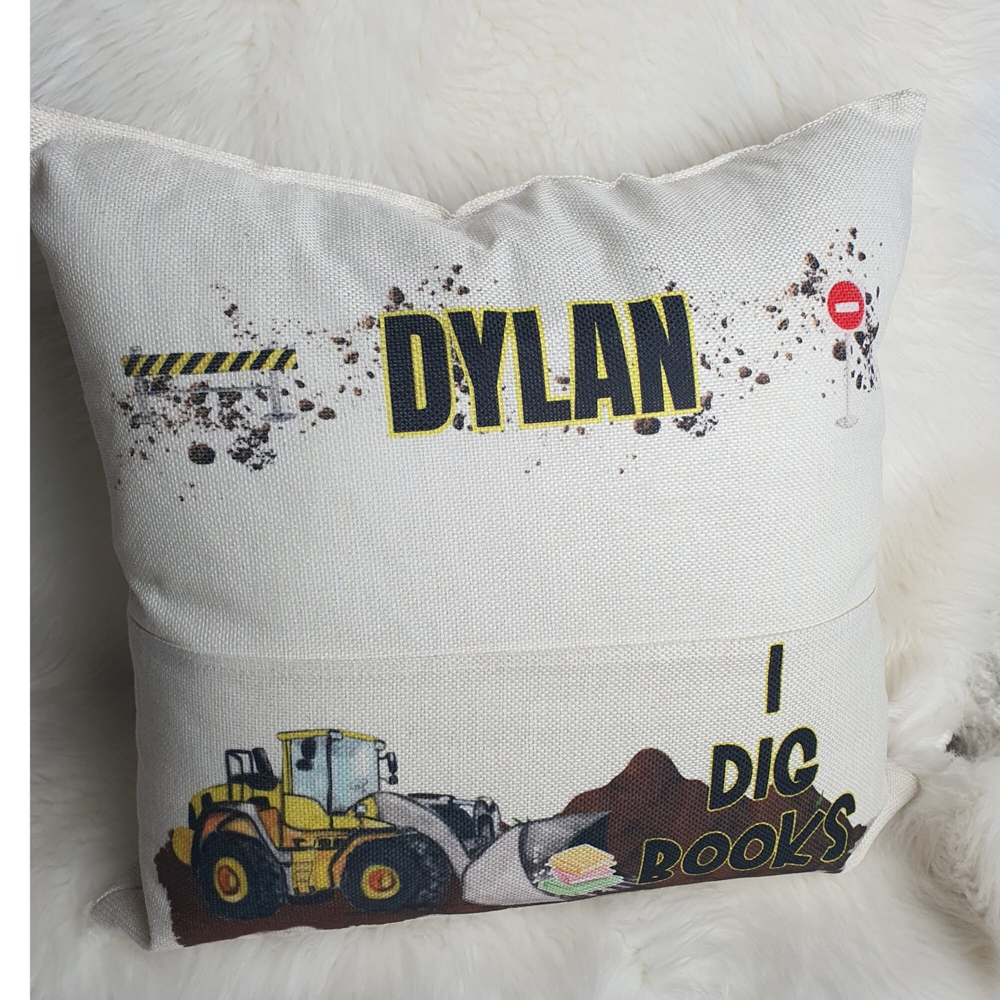 Personalised Digger Truck Pocket Reading Book Cushion, I Dig Books cushion gifts, Construction Tractor Bedroom Decor, Unique Cushion Gift