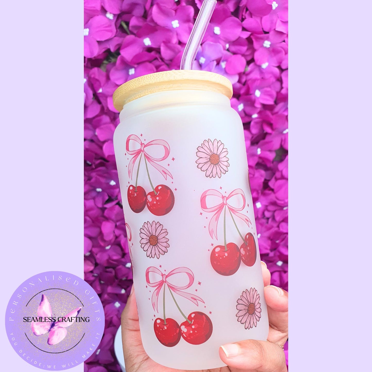Personalised Cherry Conquette glass cup with lid & strew, Iced coffee mug, summer drink set reusable 16 oz can glass, Tumble cup custom made