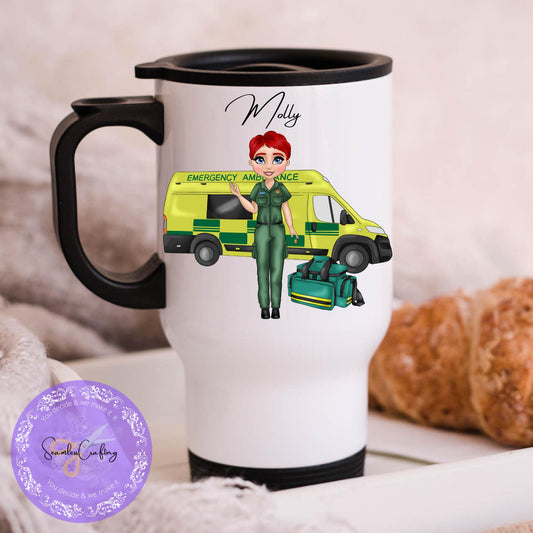 Personalised Paramedic Character Travel mug gift, First Responder, Gift for her, Stainless Steel Thermos, Paramedic Lady Technician uniform