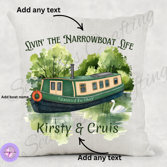 Personalised Narrowboat Cushion, Custom Canal Boat Pillow, Boating Gift, 40cm Linen Canvas, Add Name & Text, Canal Barge, Home Decor