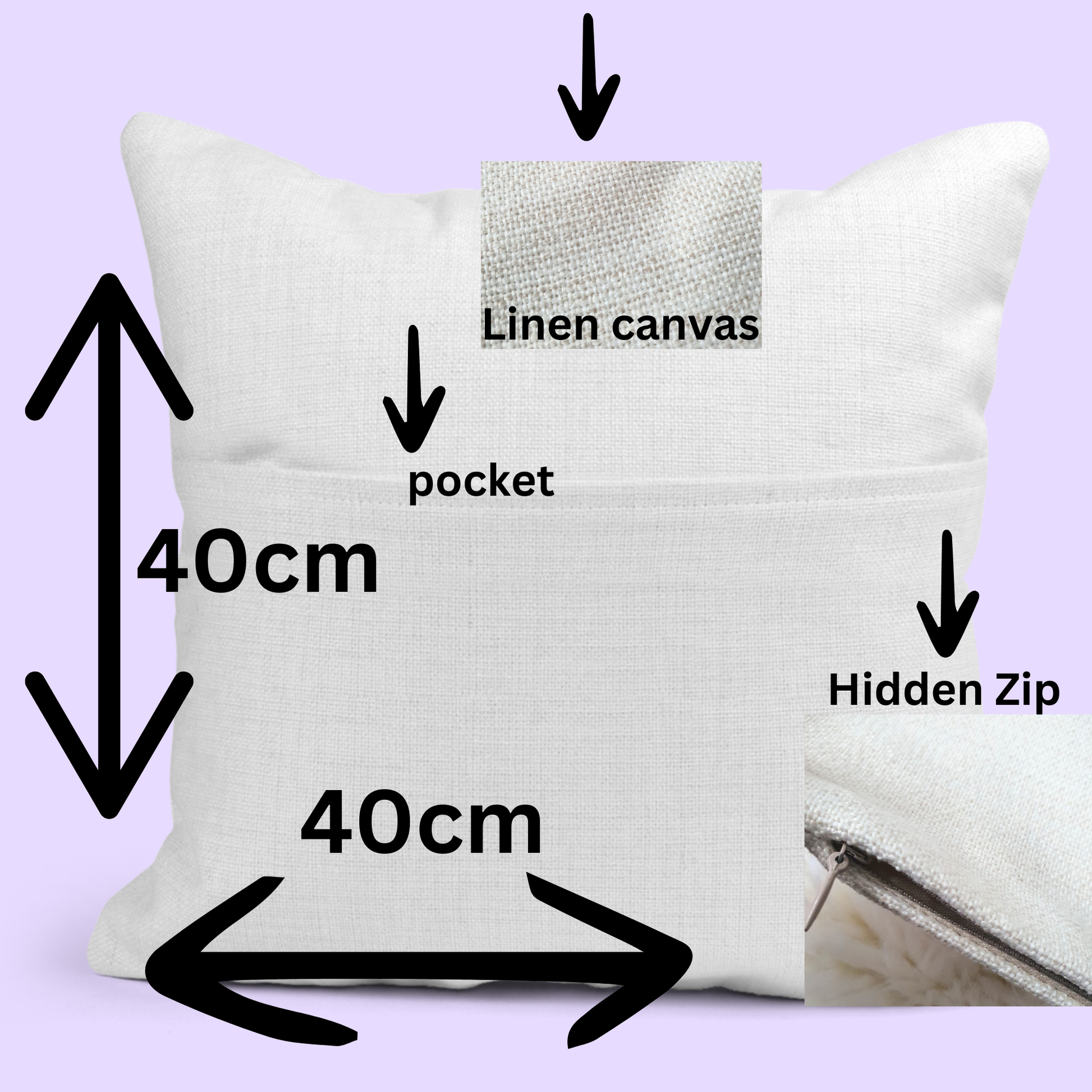 Front view of linen canvas reading cushion showing front pocket, hidden zip and 40x40cm dimensions