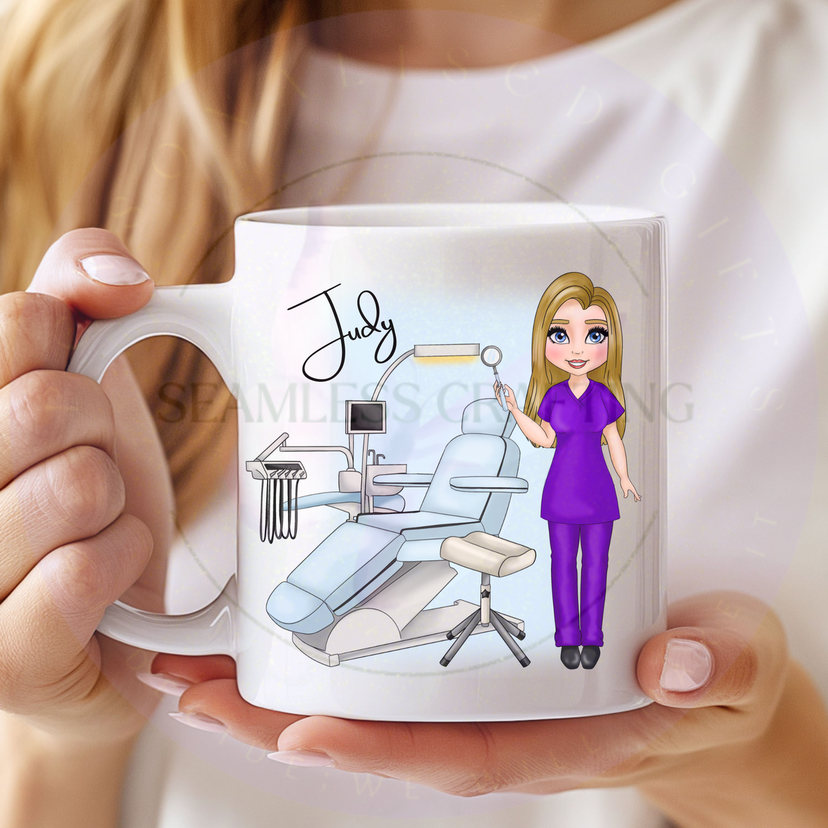 Personalised dental nurse ceramic mug held in hands with custom name and purple scrubs
