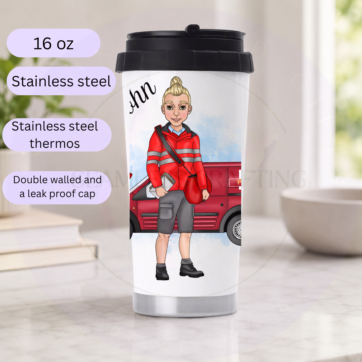 Personalised 16oz stainless steel postman thermos with custom character and name