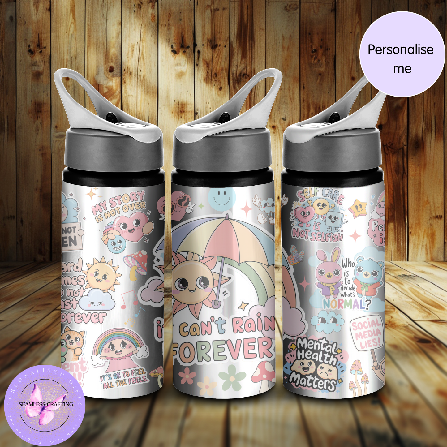 Personalised Kids Mental Health Positive Affirmation Water Bottle 600ml Aluminium BPA-Free with Straw