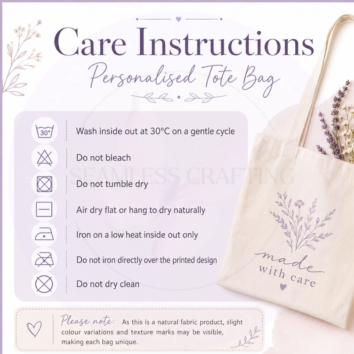 Care instructions for a personalised tote bag including a gentle 30 degree wash