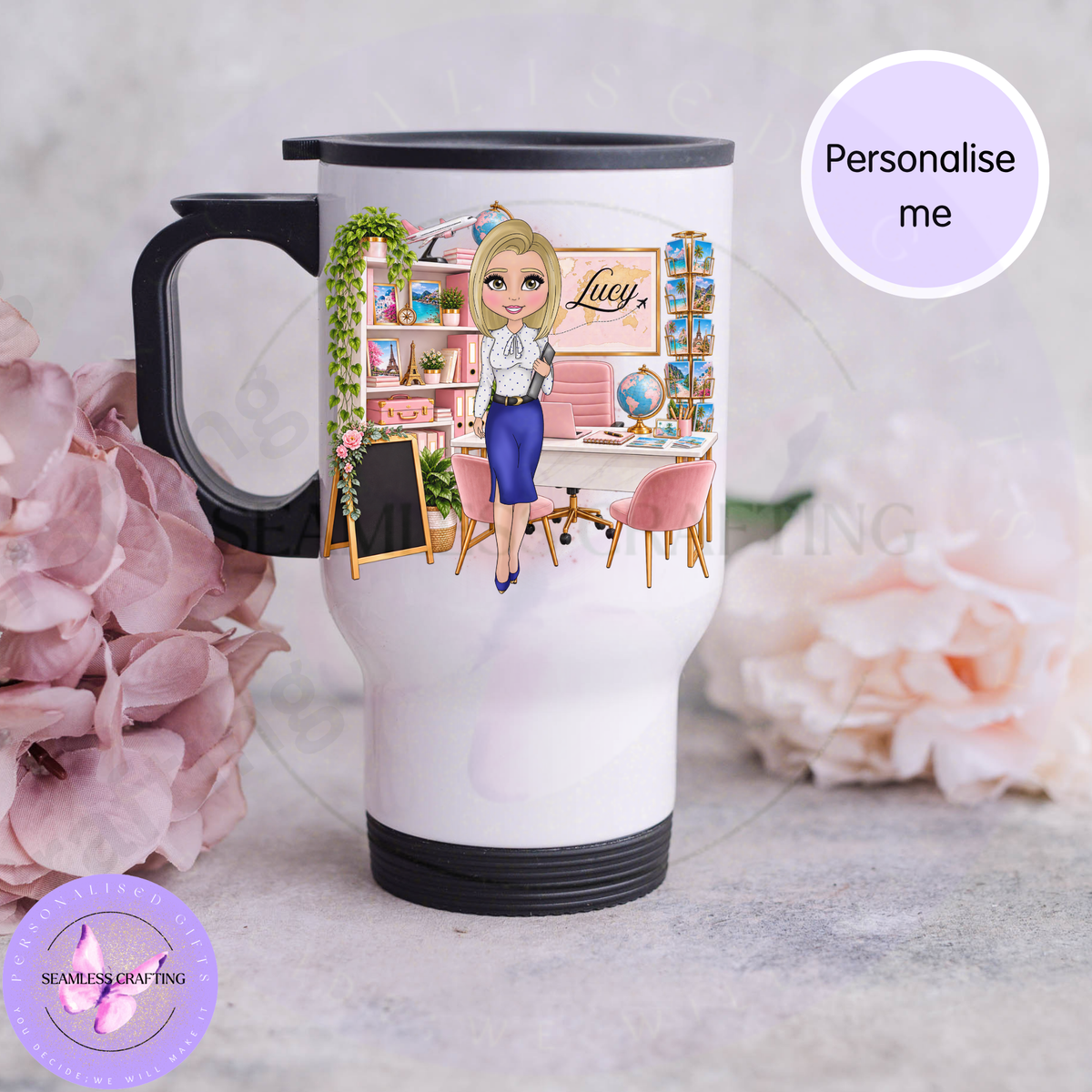 Personalised 14oz stainless steel travel mug for travel agent with custom blonde character and name Lucy